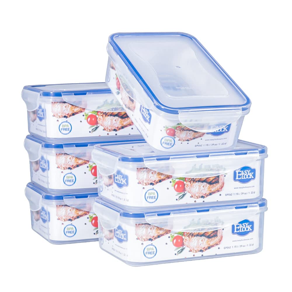 EASYLOCK 6 Pack Airtight Food Storage Containers with Lids - 1.15L Plastic Meal Prep Containers Reusable, Leak-proof, Microwave, Freezer & Dishwasher Safe (Blue) - Perfect for Meal Prep, Leftovers & Pantry Organization