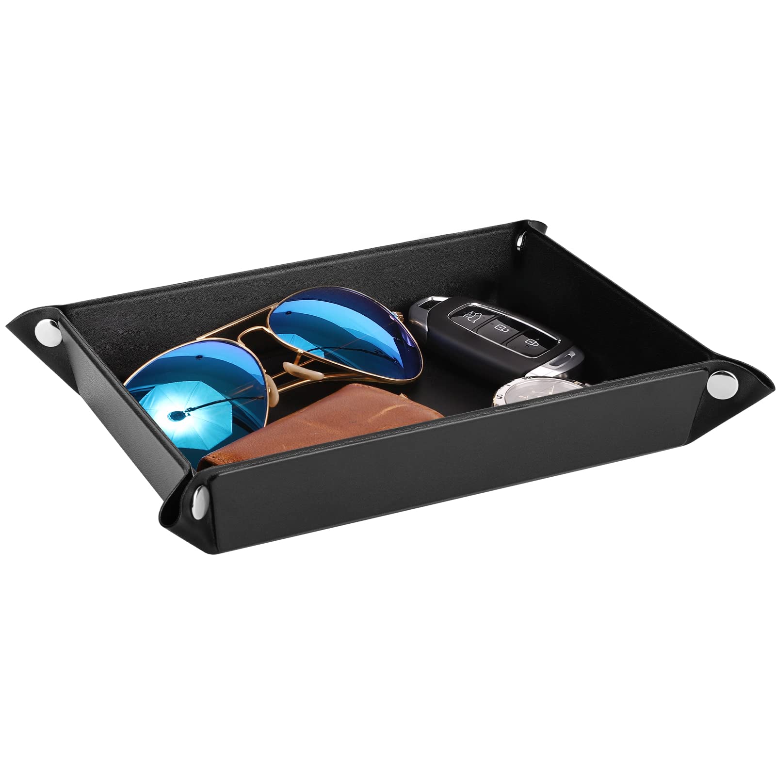 Luxspire PU Leather Valet Tray - Medium Size Black Catchall Organizer for Jewelry, Keys, Coins, Phone & Wallet | Desk Storage Solution for Men & Women | Perfect for Nightstand, Dresser & Entryway Organization