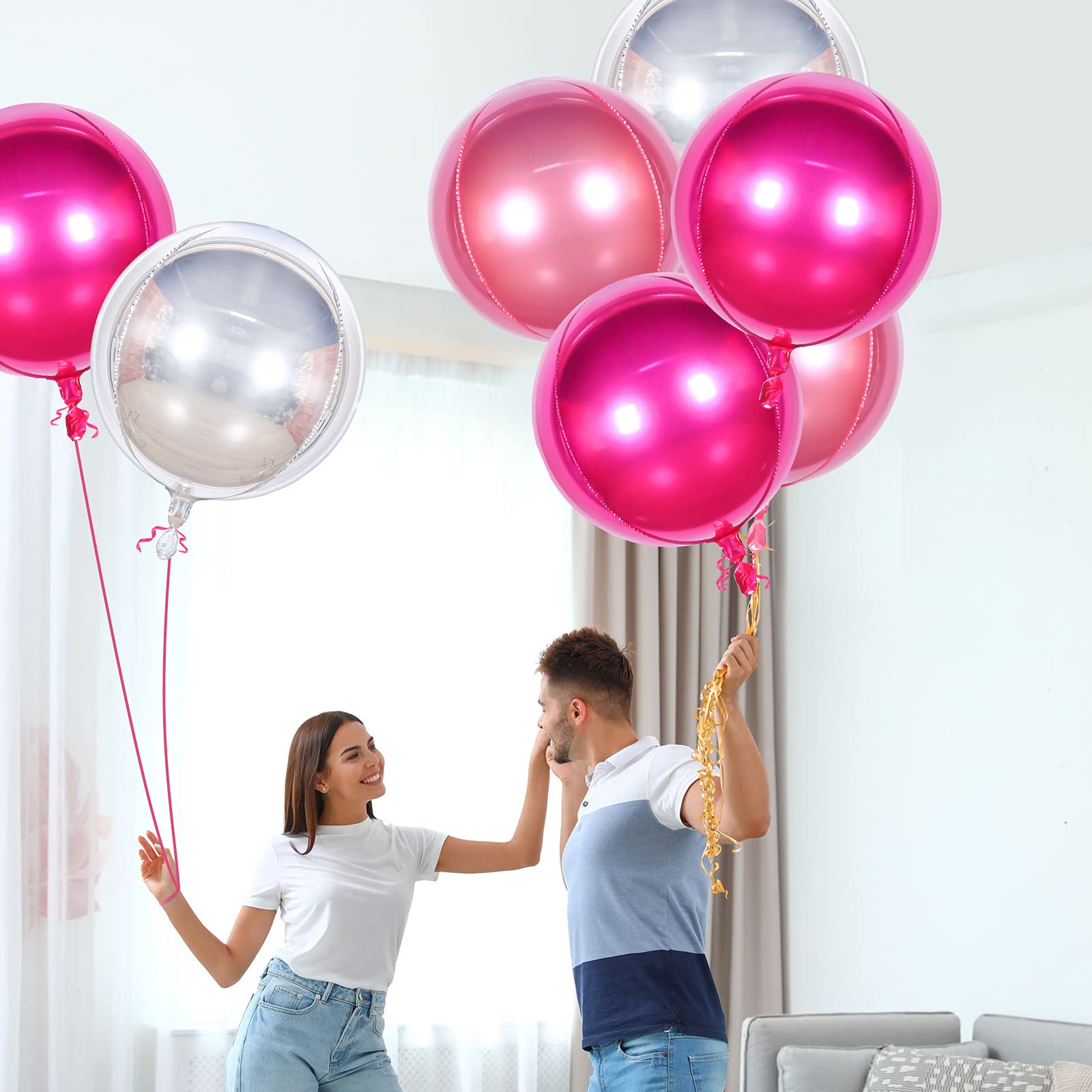 12 Pack 22 Inch Silver Rose Red Pink Foil Balloons with 2 Rolls Ribbon - Large Metallic Mirror Finish Sphere Balloons for Wedding, Birthday Party, Baby Shower, Anniversary, Graduation & Holiday Decorations