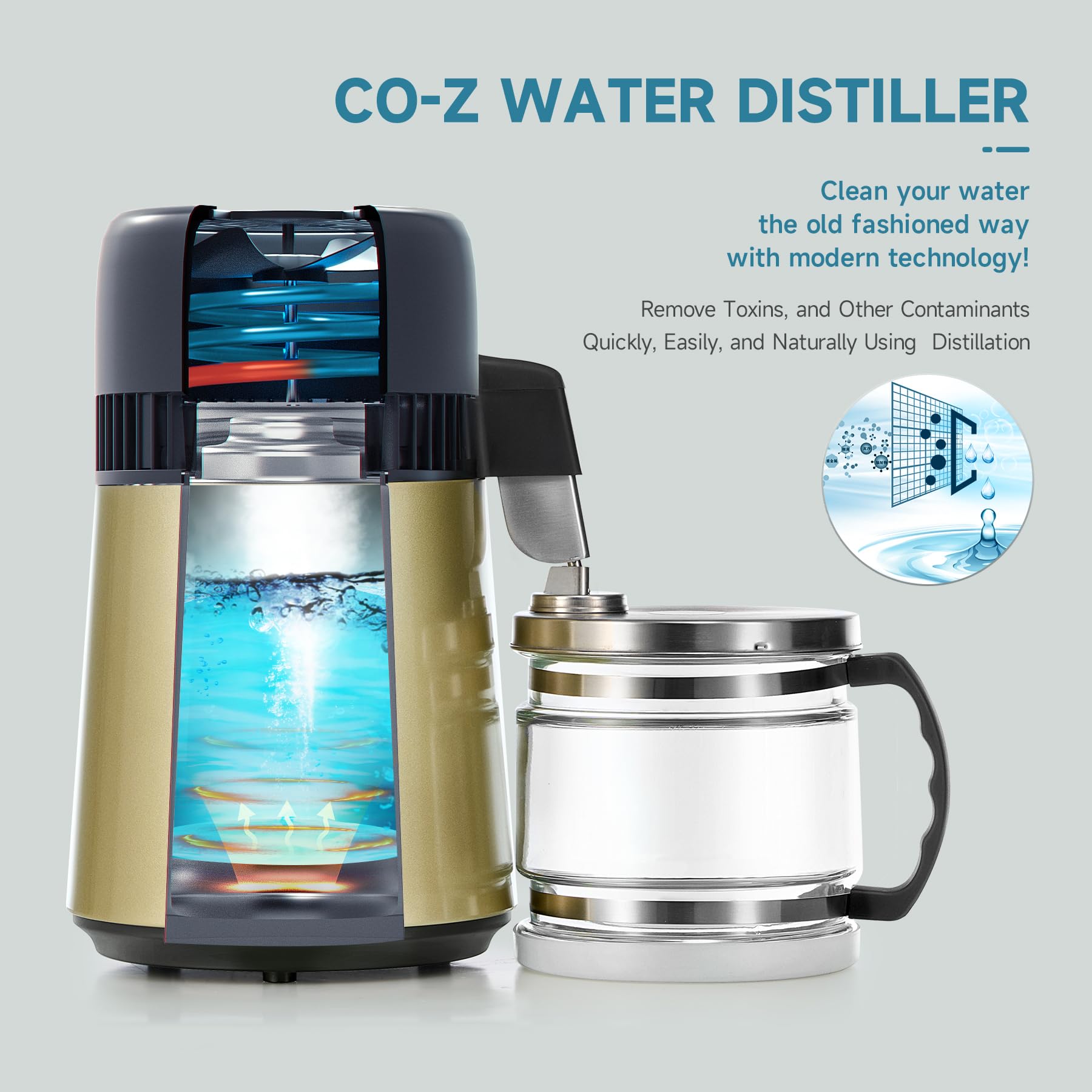 CO-Z 4L Stainless Steel Water Distiller Machine for Home Countertop - Pure Water Distilling System for Drinking, Cooking, Baby Formula & Humidifiers