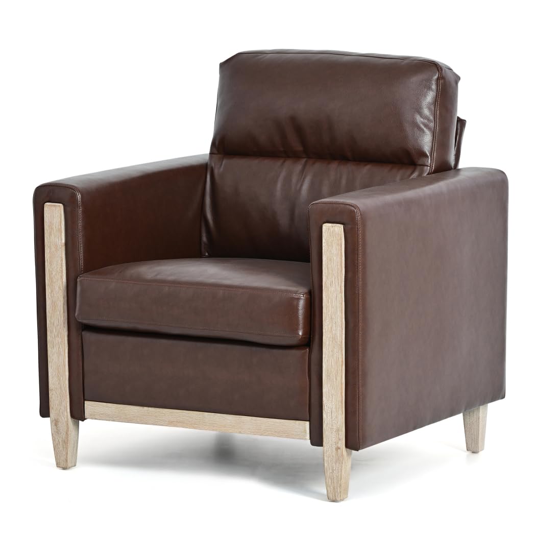 Modern Upholstered Armchair - Mid Century Style 1-Seater Sofa with PU Leather Accent, Comfortable Lounge Chair for Living Room, Bedroom, Apartment, Office & Small Spaces - Perfect for Reading, Relaxing & Home Decor (Brown PU Leather)