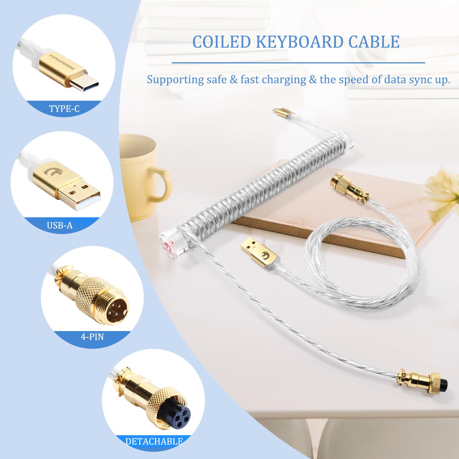 Custom Coiled Gaming Keyboard Cable - 8KHz USB-C with Aviator Connector for Pro Gamers
