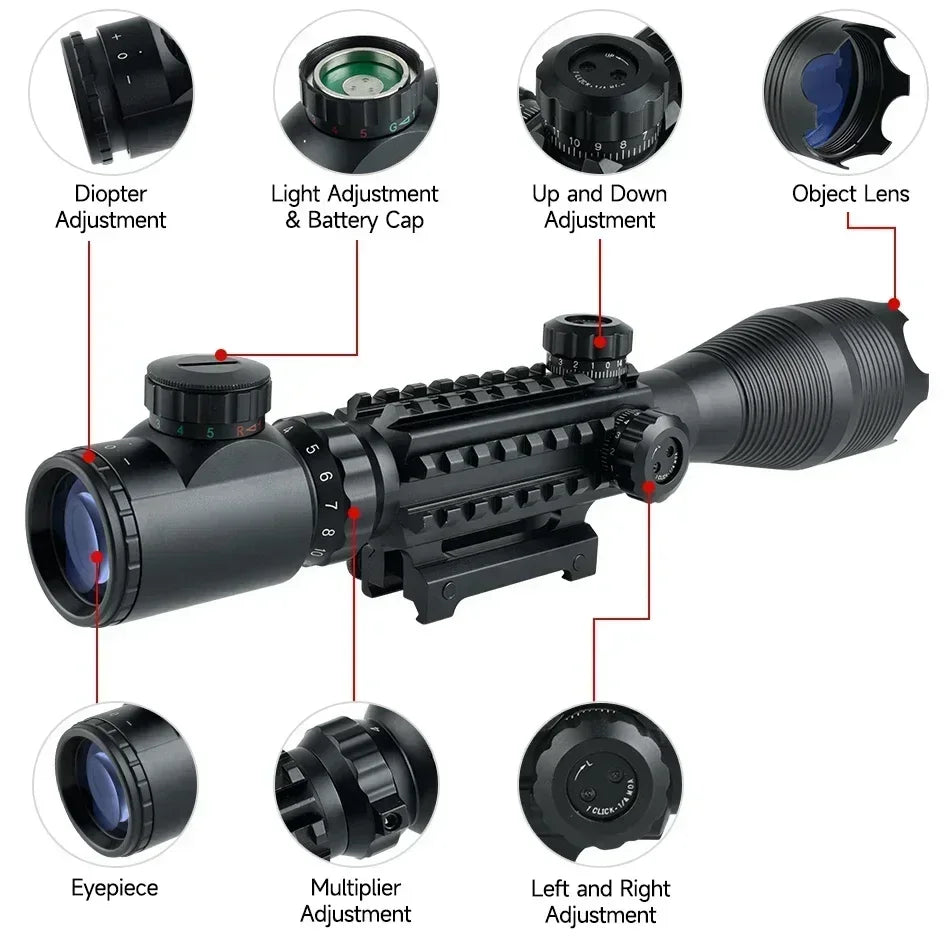 4-16x50 Tactical Rifle Scope with Red/Green Laser & Flashlight - Long Range Shooting Optic Sight with Red Dot for Hunting | Perfect for Outdoor Adventures, Target Practice & Night Hunting
