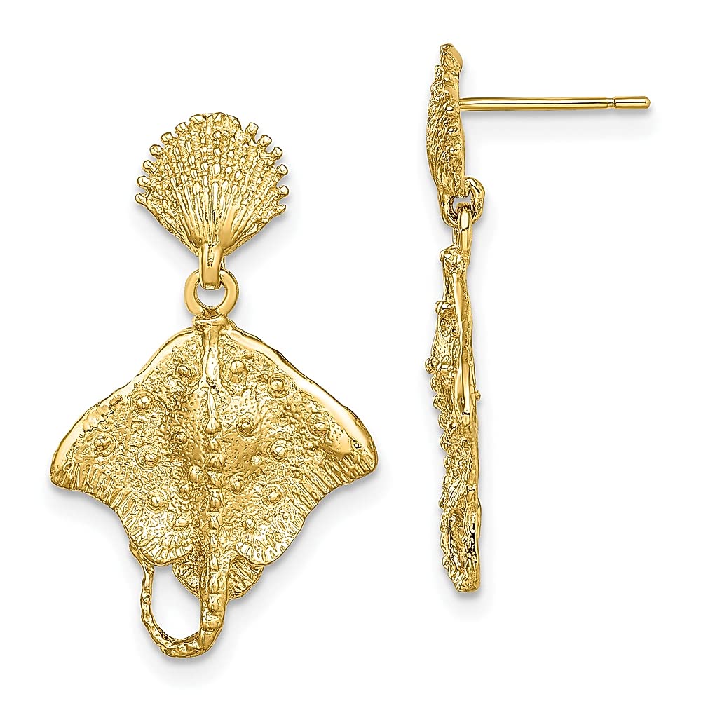 14K Yellow Gold Stingray Shell Drop Dangle Earrings for Women - Handmade Sea Life Animal Jewelry - Perfect Gift for Her, Birthday, Anniversary, Beach Vacation & Special Occasions