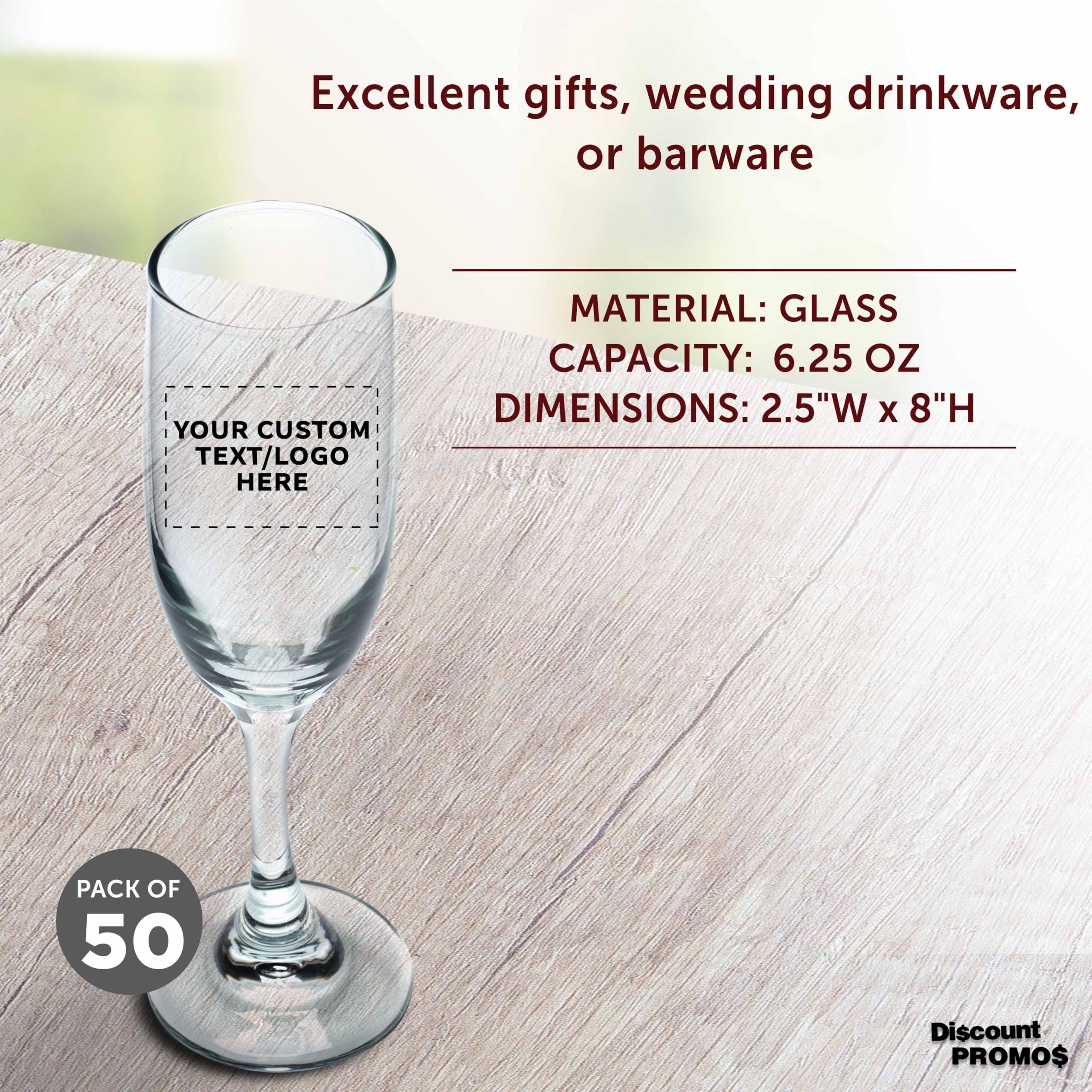 Custom Engraved Champagne Flutes 6.25 oz (Set of 50) - Elegant Wedding Toast Glasses, Bulk Party Drinkware & Promotional Gifts - Clear Crystal Glass - Perfect for Weddings, Corporate Events, Bridal Showers & Branding Giveaways