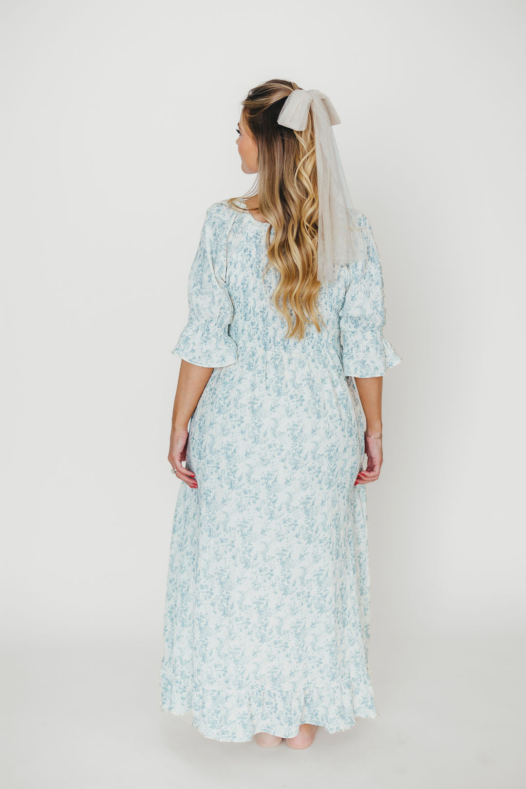 Sienna 100% Cotton Puff Sleeve Maxi Dress - Blue Floral Print Maternity Dress for Pregnancy | Bump Friendly, Comfortable & Stylish for Summer, Beach, Vacation & Special Occasions