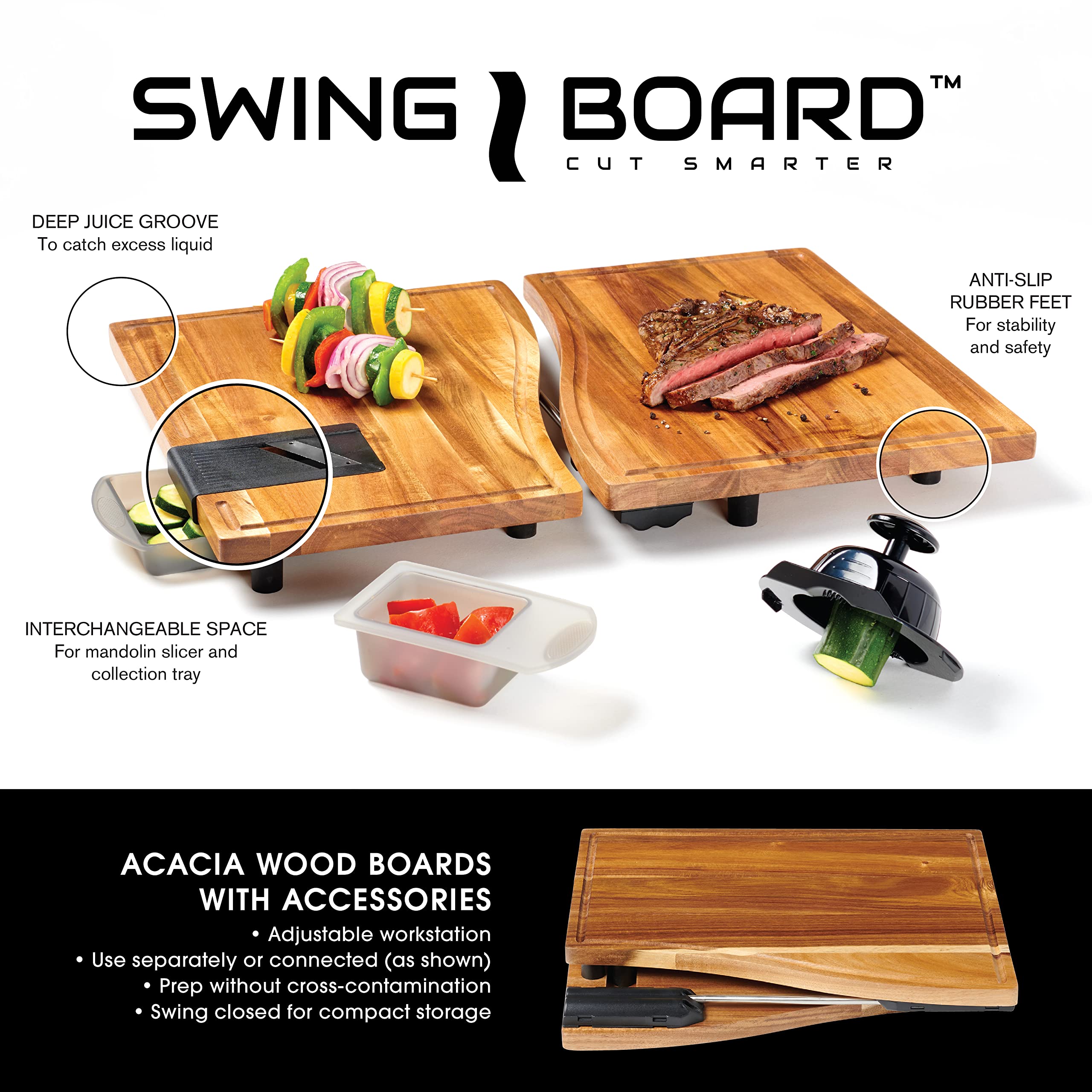 Anchor Hocking SwingBoard Acacia Wood Cutting Board Set - 6-Piece Premium Wooden Chopping Blocks for Kitchen Meal Prep & Serving - Perfect for Home Chefs, Entertaining & Charcuterie Boards