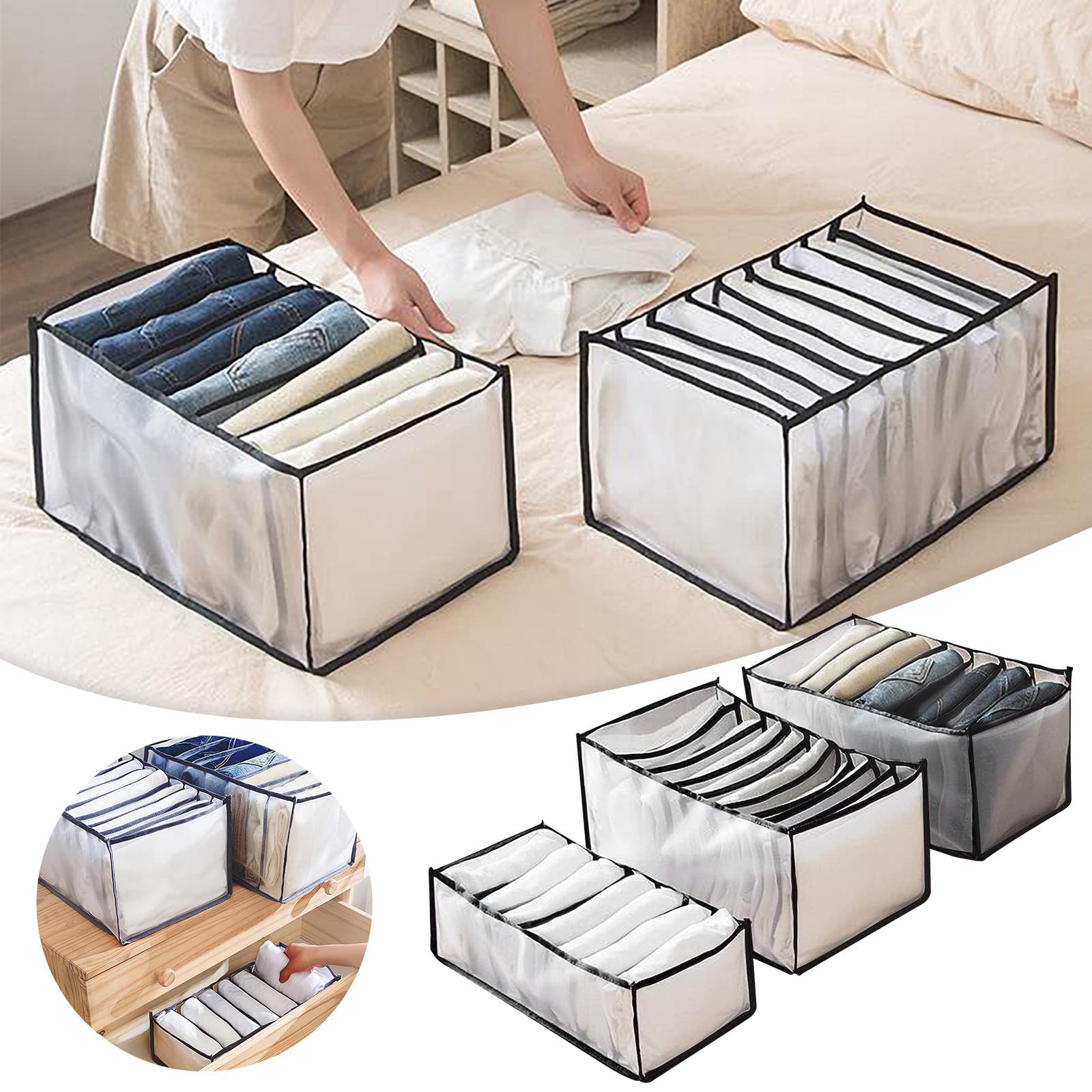 3-Pack Black Foldable Mesh Wardrobe Organizer with Jeans Compartment - Closet Storage Box, Drawer Dividers for Clothes, Pants & Accessories | Perfect for Bedroom, Closet & Travel Organization