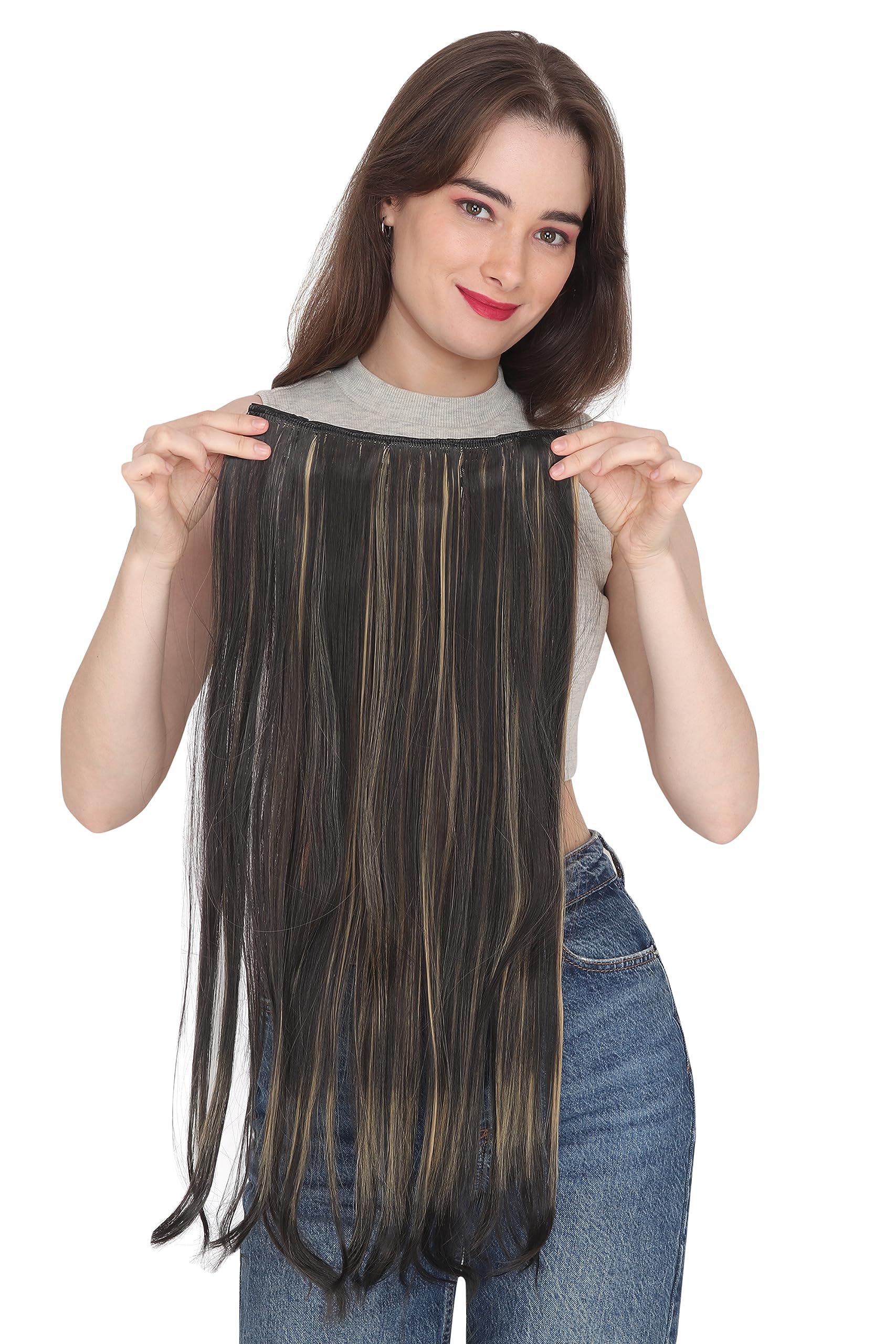 ZALYA 24-Inch Brown & Golden Highlight Synthetic Straight Hair Extensions with 5 Clips - Perfect for Women & Girls | Great for Parties, Weddings & Daily Styling