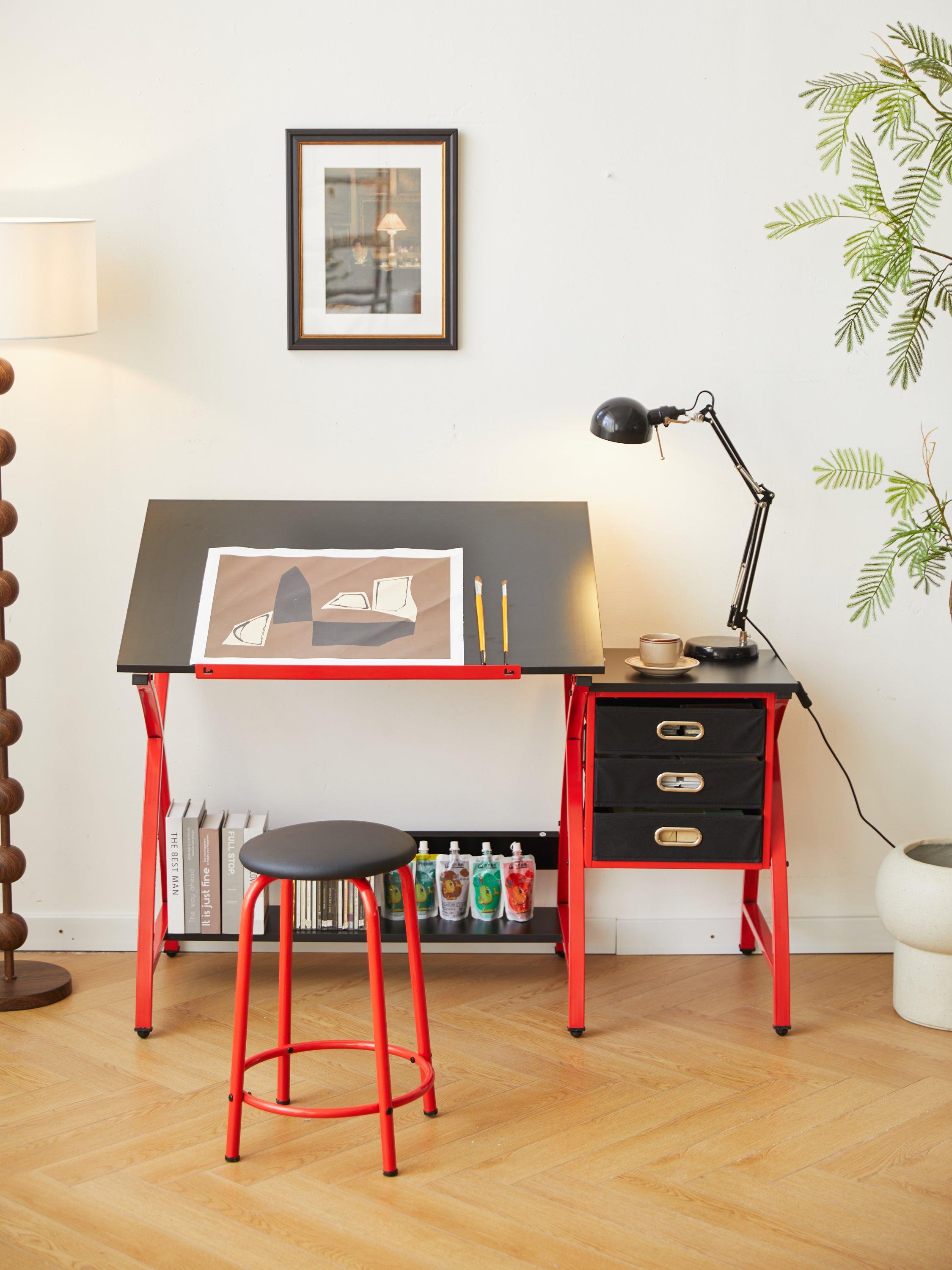 Adjustable Red Drafting Table with Stool - Perfect for Artists, Architects & Students - Home Office & Studio Drawing Desk