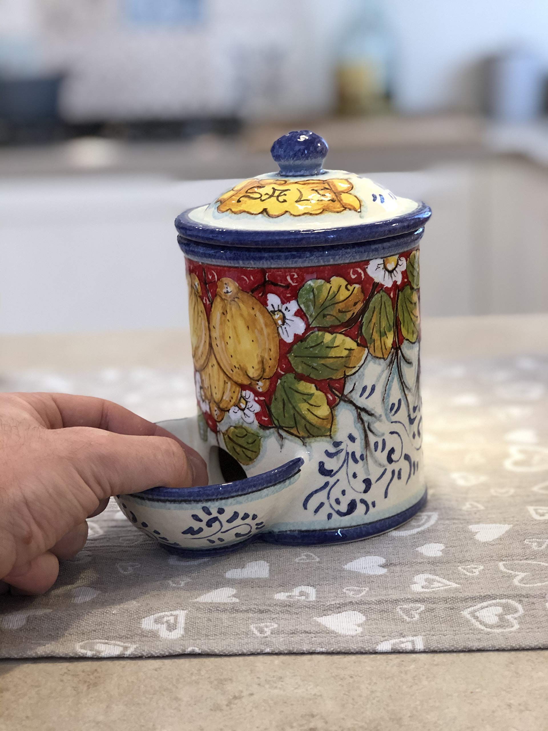 Italian Ceramic Pottery Jar - Hand Painted Lemon Design Salt Holder | Tuscan Art Pottery Made in Italy | Perfect for Kitchen Decor, Dining Table Centerpiece & Gift Idea