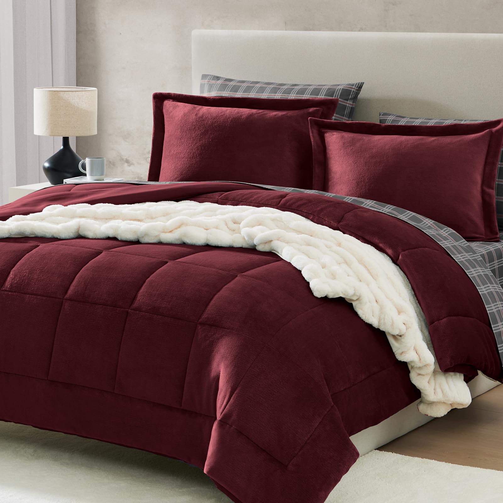 Luxury 7-Piece Queen Comforter Set - Burgundy Red Flannel Velvet Bedding with Comforter, Sheets & Pillowcases | Ultra Soft & Warm Winter Bedding Collection | Perfect for Master Bedroom, Guest Room & Cozy Winter Nights