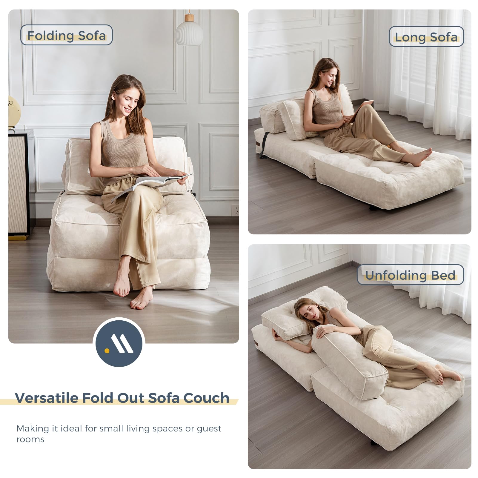 MAXYOYO Folding Sofa Bed - Velvet Convertible Sleeper Chair with Pillow, Portable Fold Out Guest Bed in Beige | Perfect for Small Spaces, Apartments & Overnight Guests
