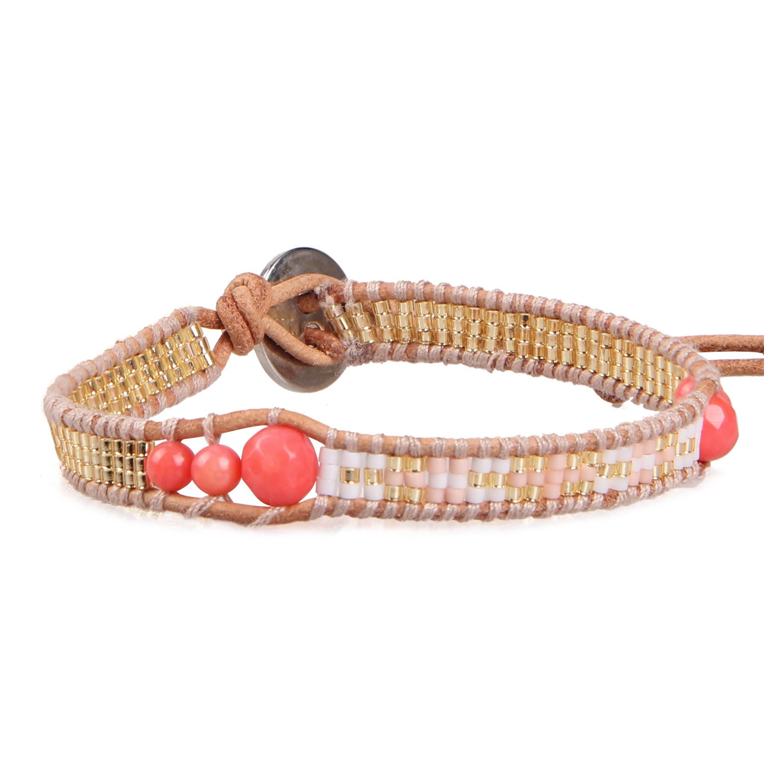 Boho Seed Beaded Bracelet for Women - Handmade Gray Leather Wrap Bangle with Natural Stones - Perfect for Yoga, Meditation & Festival Fashion Accessories