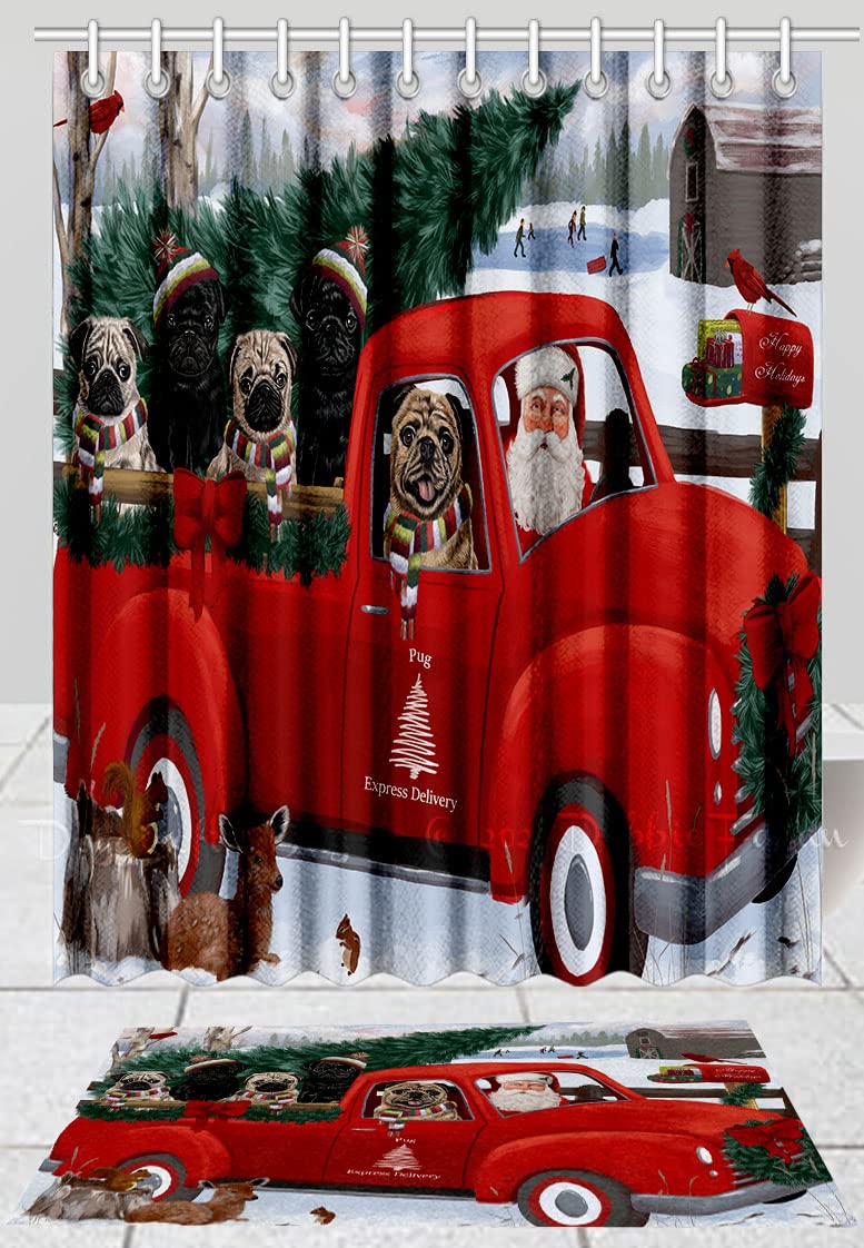 Santa Express Delivery Red Truck Pug Dog Shower Curtain & Bath Mat Set - Anti-Slip Polyester Bathroom Rug & 69x84 Inch Bathtub Curtain with Hooks (16x28 Inch Mat) - Perfect for Christmas Decor & Dog Lover Bathrooms