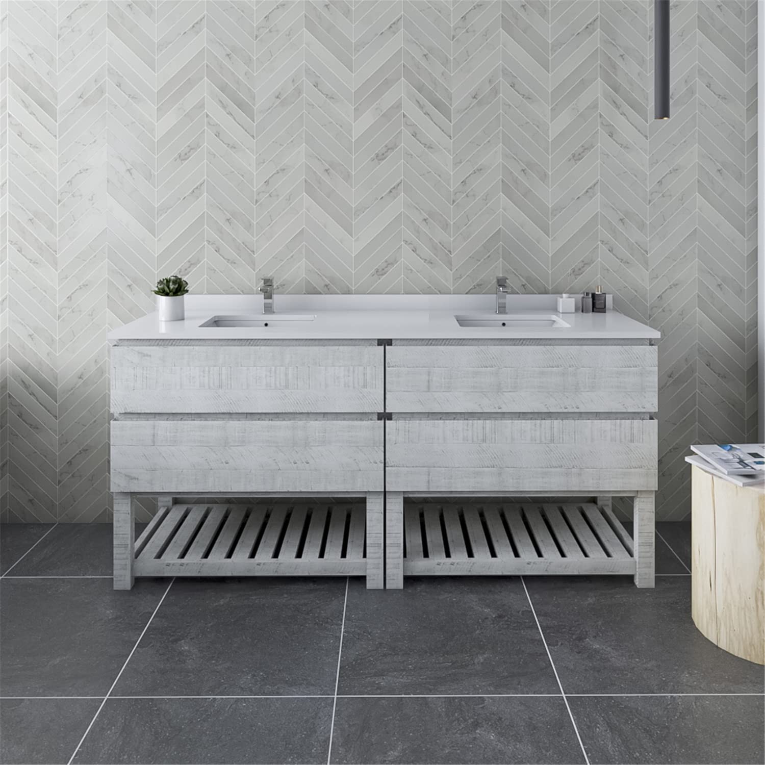 Fresca Stella 70-Inch Open Base Double Bathroom Vanity Cabinet in Rustic White - Modern Farmhouse Style Bathroom Storage for Master Bath & Powder Room