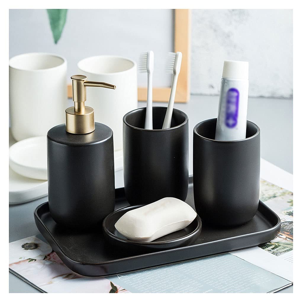 TOMYEUS 5-Piece Matte Ceramic Bathroom Accessories Set - Soap Dispenser, Soap Dish, Mouthwash Cups & Tray - Modern Black Bath Decor Gift Set for Home, Hotel, Spa | Hand Soap Dispenser for Sink Countertop Organization