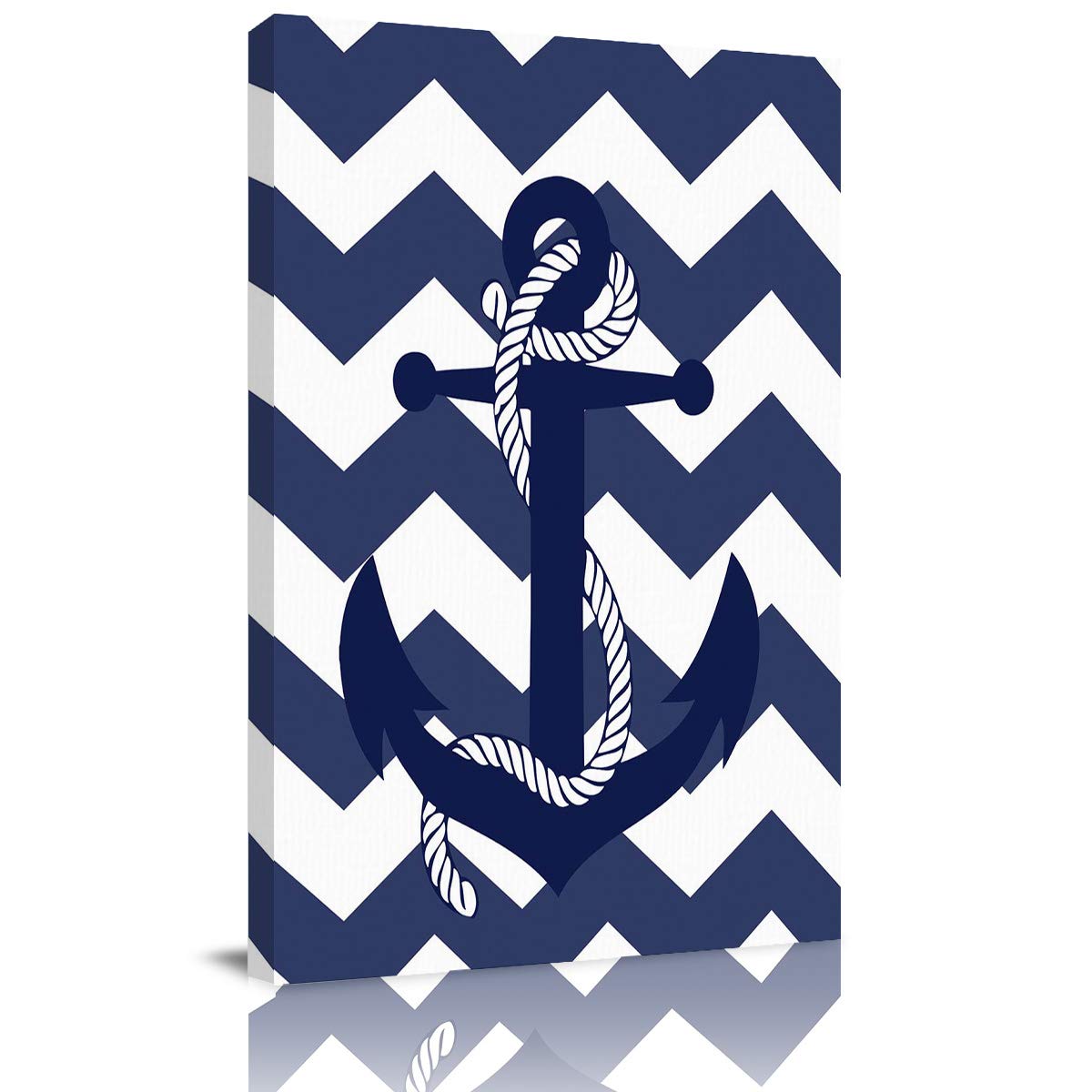 Nautical Anchor Navy Blue and White Striped Chevron Canvas Wall Art - 8x12 Inch Wooden Abstract Bathroom Decor for Living Room & Bedroom | Coastal Home Decor, Beach House Accent Painting