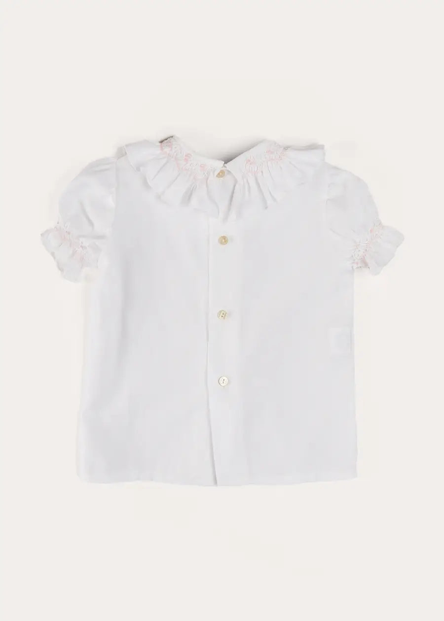 Hand Smocked Collar Short Sleeve Blouse for Girls - White Cotton Top (18 Months to 6 Years) | Perfect for Parties, School & Special Occasions