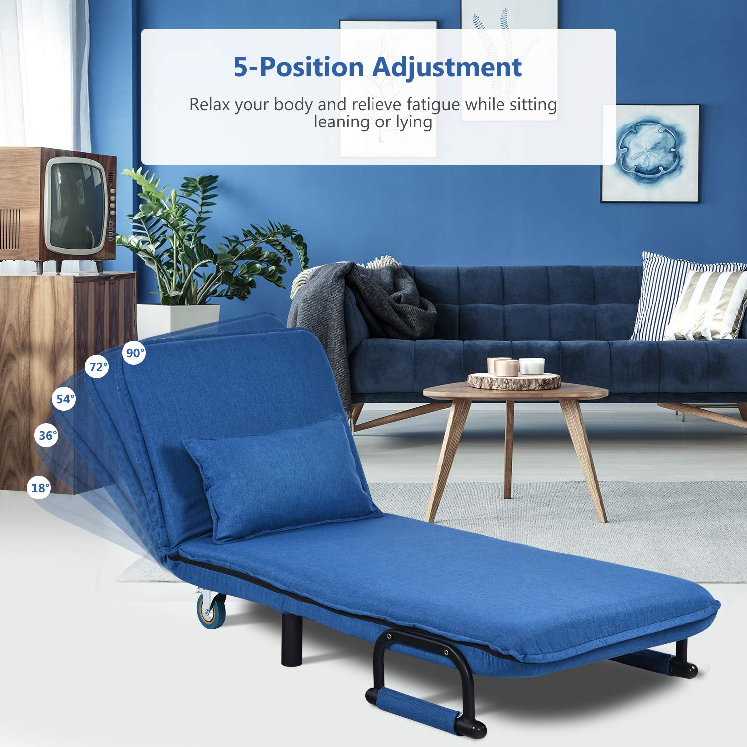 5-Position Adjustable Convertible Sofa Bed Sleeper Chair with Wheels - Modern Chaise Lounge, Folding Arm Chair with Pillow & Upholstered Seat - Perfect for Small Spaces, Guest Room, Home Office & Apartment Living