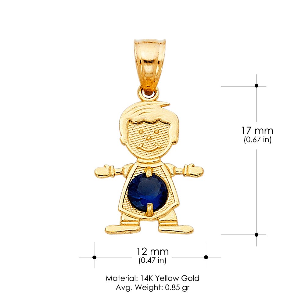 14K Yellow Gold September Birthstone Cubic Zirconia CZ Boy Charm Pendant with 1.2mm Flat Open Wheat Chain Necklace - Elegant Jewelry Gift for Mom, Wife, Girlfriend | Birthday, Anniversary, Valentine's Day Present
