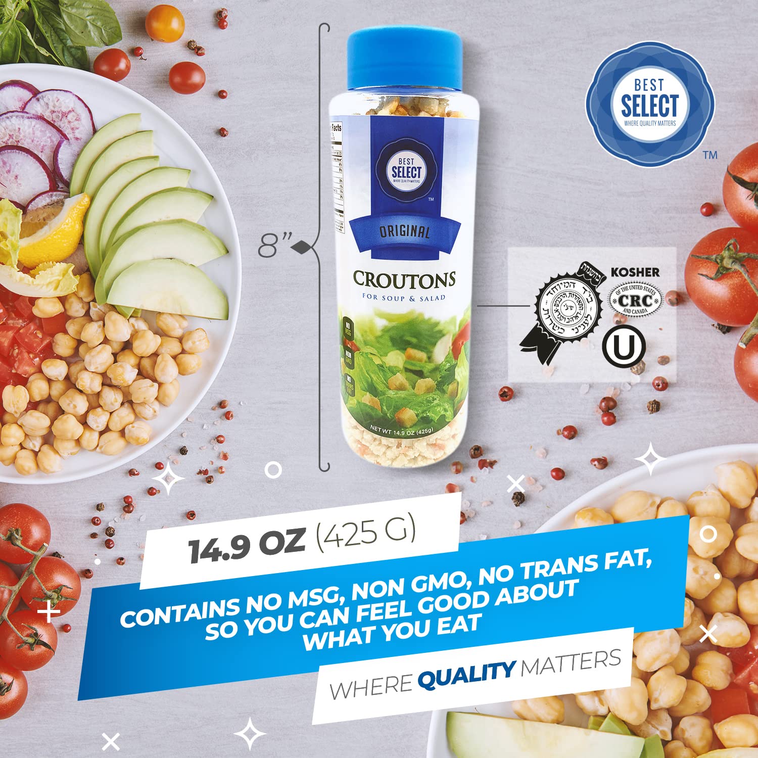 Best Select Mini Croutons for Salad 15 Oz - Original Flavor Crunchy Salad Toppings | Kosher Vegan Non-Dairy Croutons for Soups, Stuffing & Snacks | Resealable Container for Freshness | Perfect for Caesar Salad, Tomato Soup & Party Appetizers
