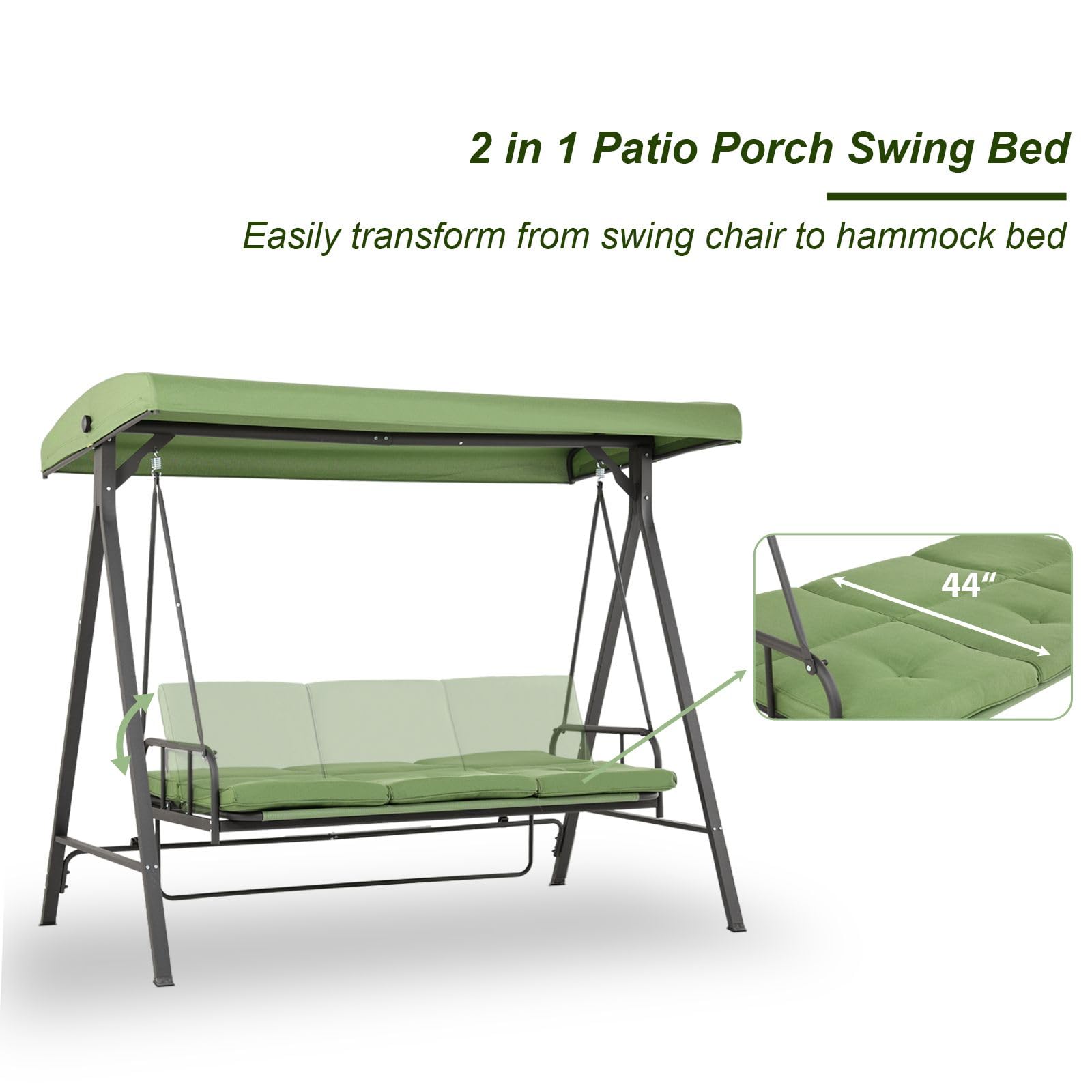 Aoodor 2-in-1 Patio Porch Swing Bed with Adjustable Canopy - Olefin Fabric, Fade & Weather Resistant, 3-Seater Removable Glider for Outdoor Garden, Backyard, Deck (Green) - Perfect for Relaxing, Lounging & Sunbathing