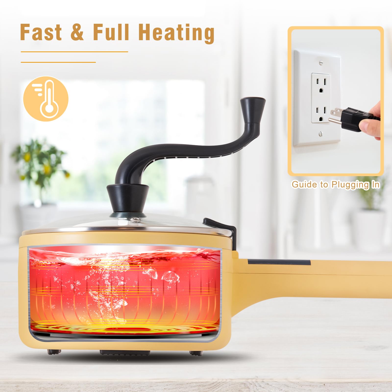 Upgraded 1L Multifunctional Electric Hot Pot Cooker - Non-Stick Stainless Steel Mini Portable Lazy Pot for Ramen, Popcorn, Steak & Egg Soup - Perfect for Camping, Travel & Dorm Use with Adjustable Power & Long Handle (Yellow)