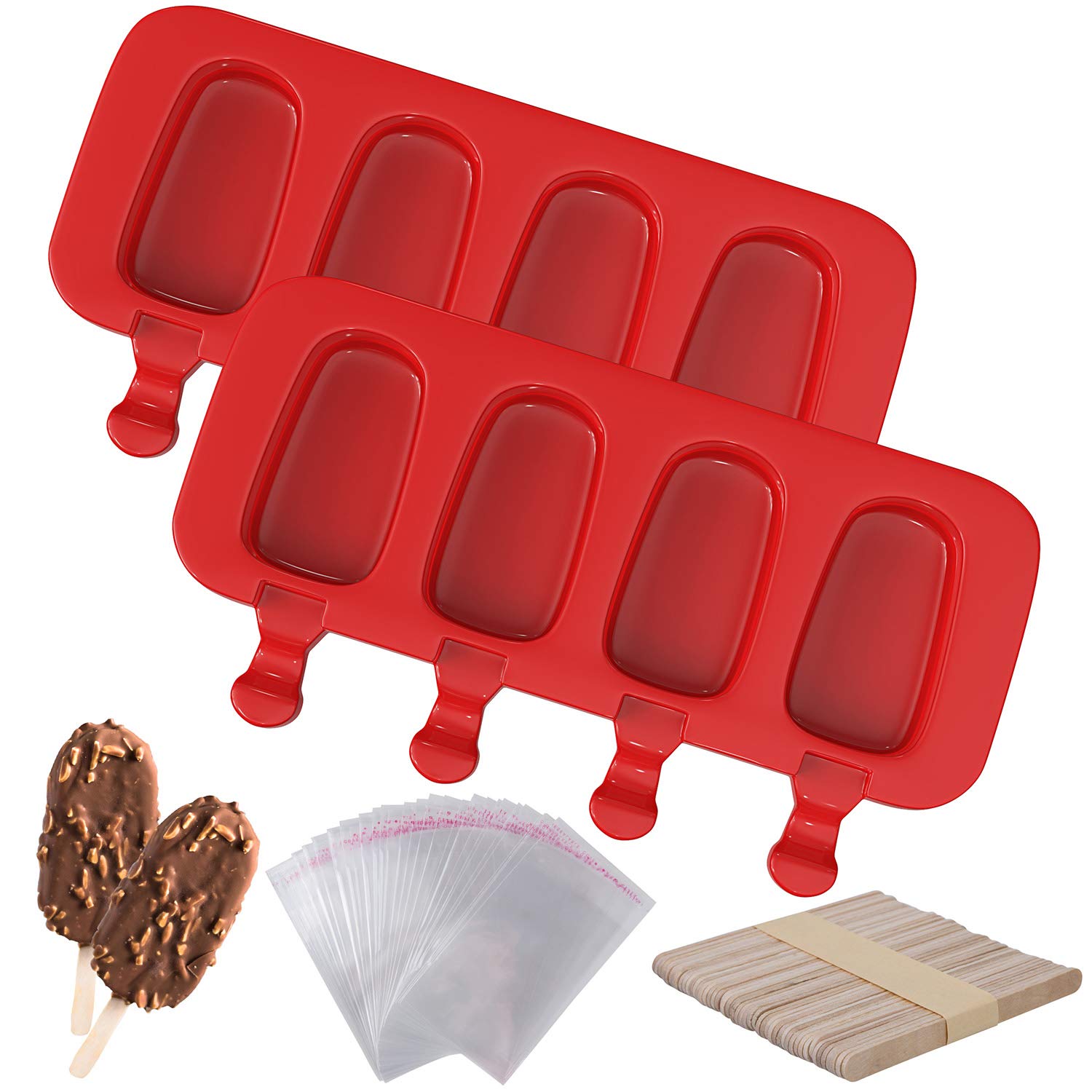 Ozera 2 Pack Silicone Popsicle Molds - 4 Cavity DIY Ice Cream & Cake Pop Molds with 50 Wooden Sticks & 50 Popsicle Bags - Perfect for Homemade Frozen Treats, Summer Parties, and Kids Snacks