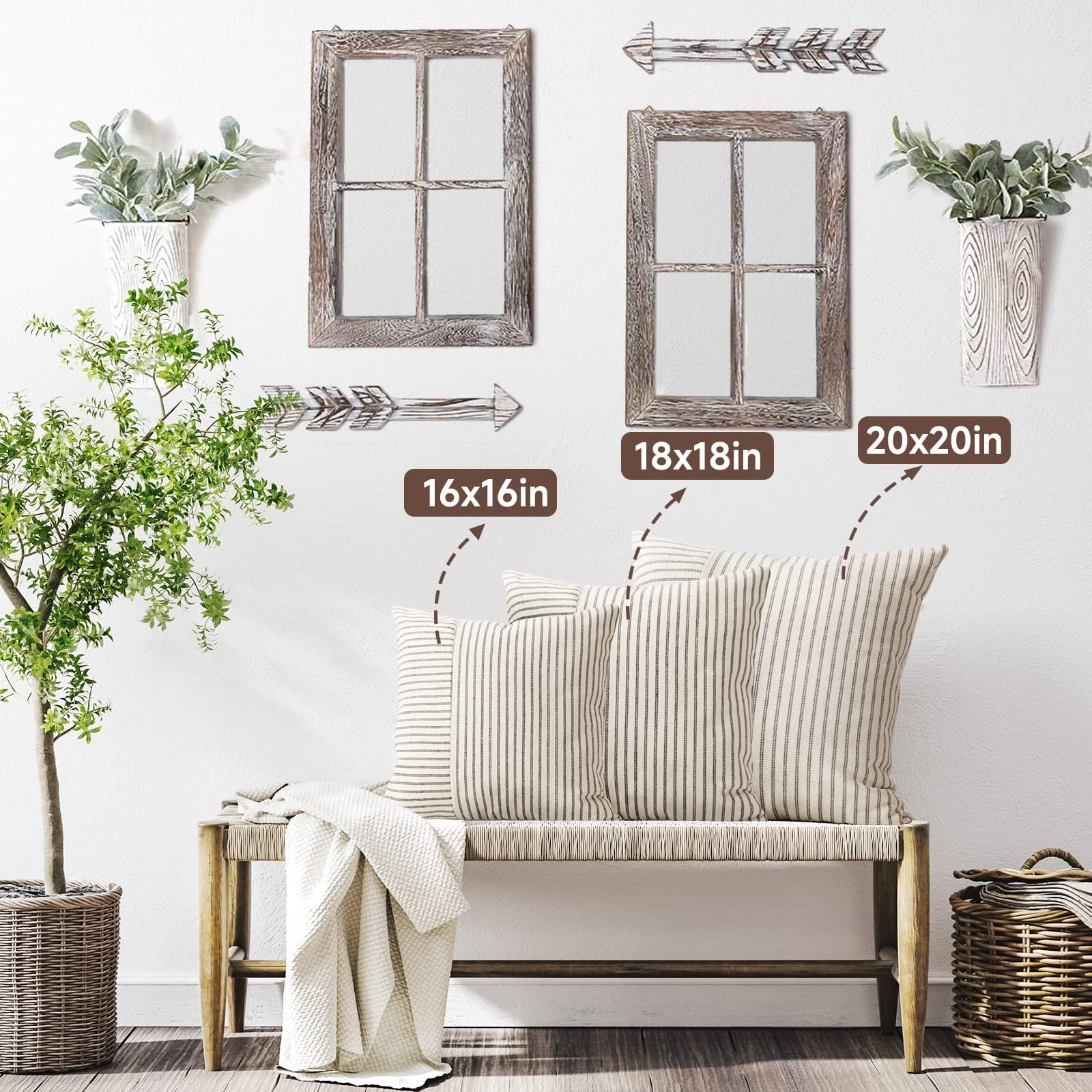 Farmhouse Pillow Covers 18x18 Inch - Set of 2 Modern Square Throw Pillow Covers in Yellow & Beige Striped Linen - Decorative Cushion Covers for Sofa, Chair, Bedroom & Living Room - Cozy Home Accent Pillows