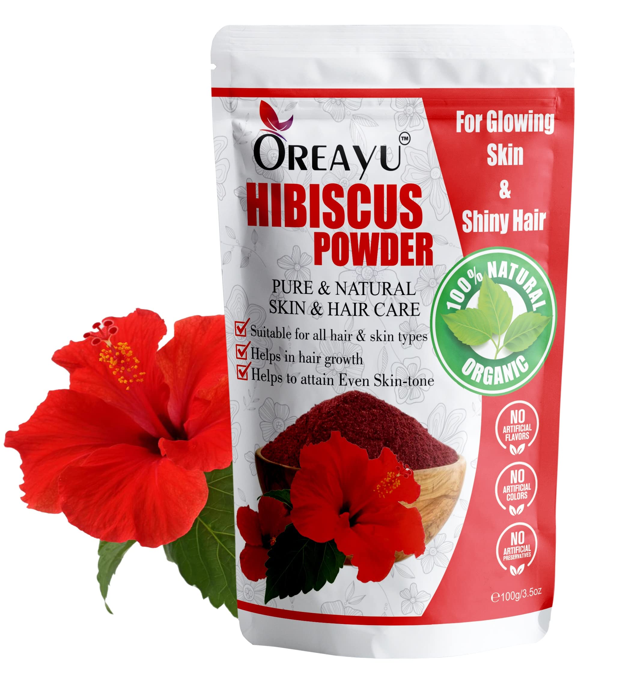OREAYU ™ 2 Pack Organic Hibiscus Flower Powder - 100% Natural Herbal Supplement for Hair Growth, Skin Care & Face Mask (100g x 2) | DIY Beauty Treatments, Natural Hair Dye & Ayurvedic Remedies