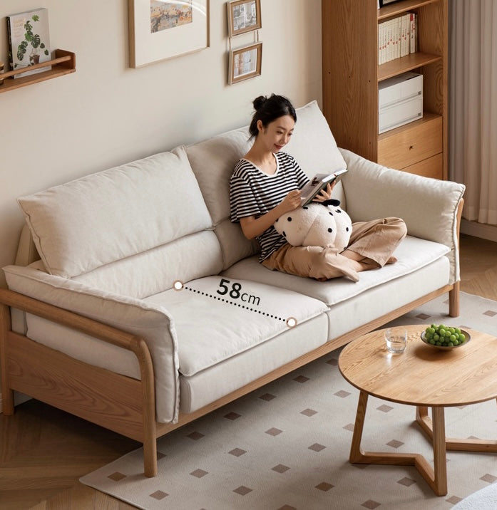 Premium Oak Solid Wood White Goose Down Cotton Sofa - Luxurious Comfort for Living Room, Lounge & Home Decor