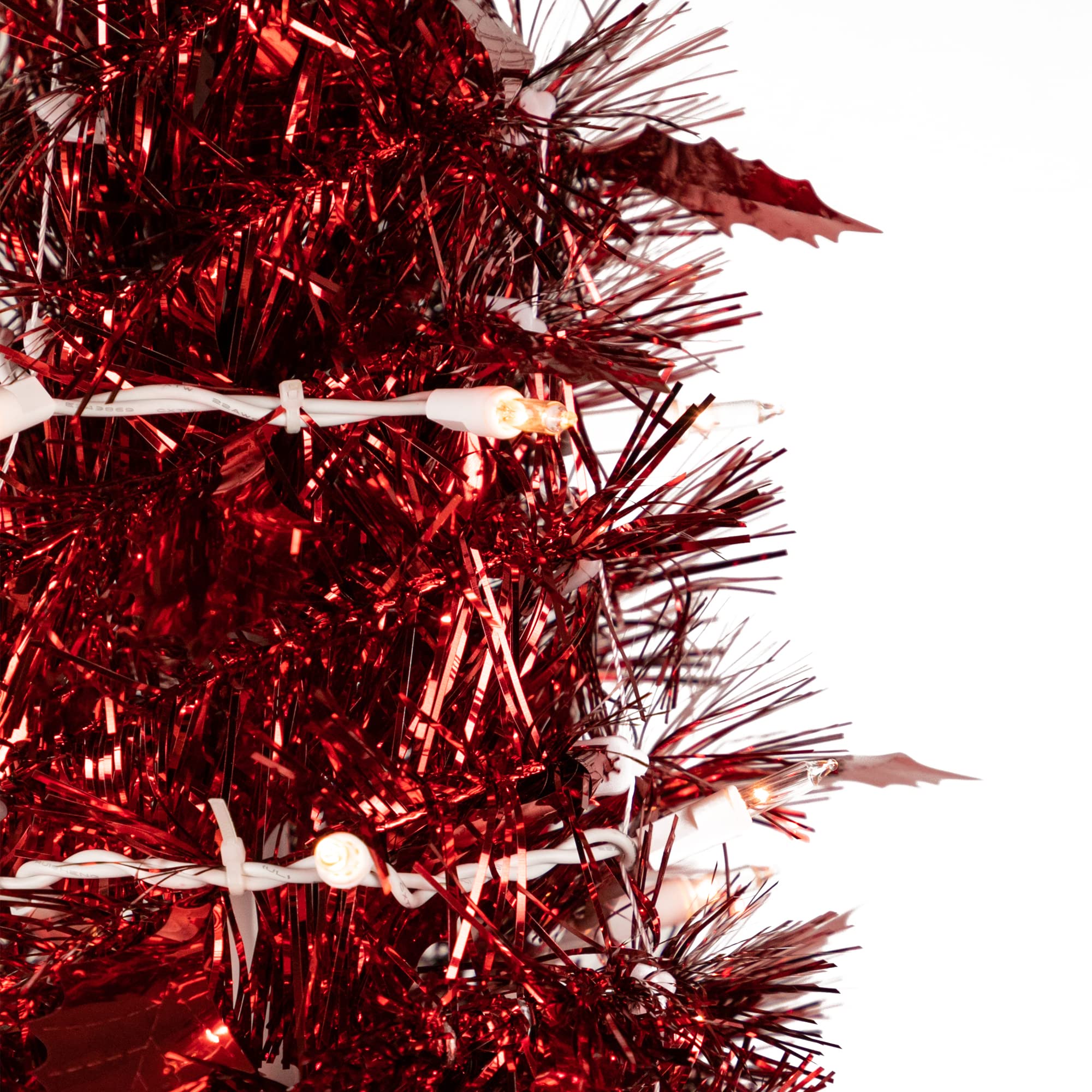 6ft Pre-Lit Red Tinsel Artificial Christmas Tree with Clear Lights - Sparkling Holiday Decor for Home, Office & Party Decorations