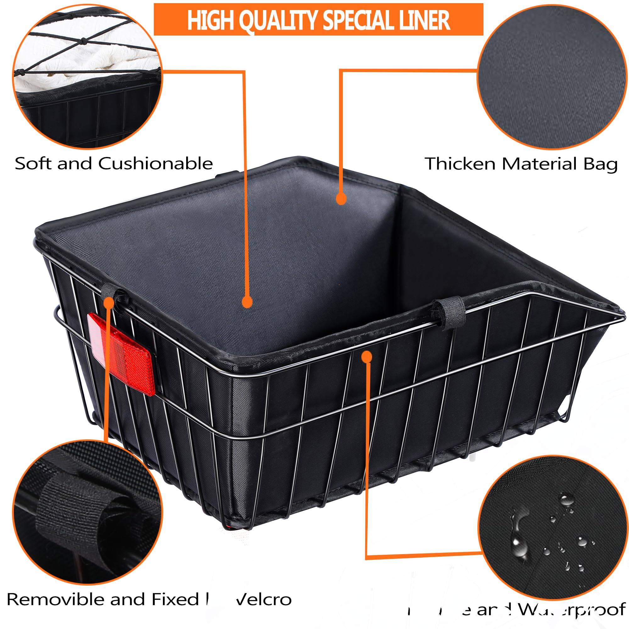 Rear Bike Basket with Liner - Large Waterproof Bicycle Rear Basket with Cargo Net - Perfect for Bike Trips, Grocery Shopping & Heavy Loads - Ideal for Commuting, Picnics & Outdoor Adventures