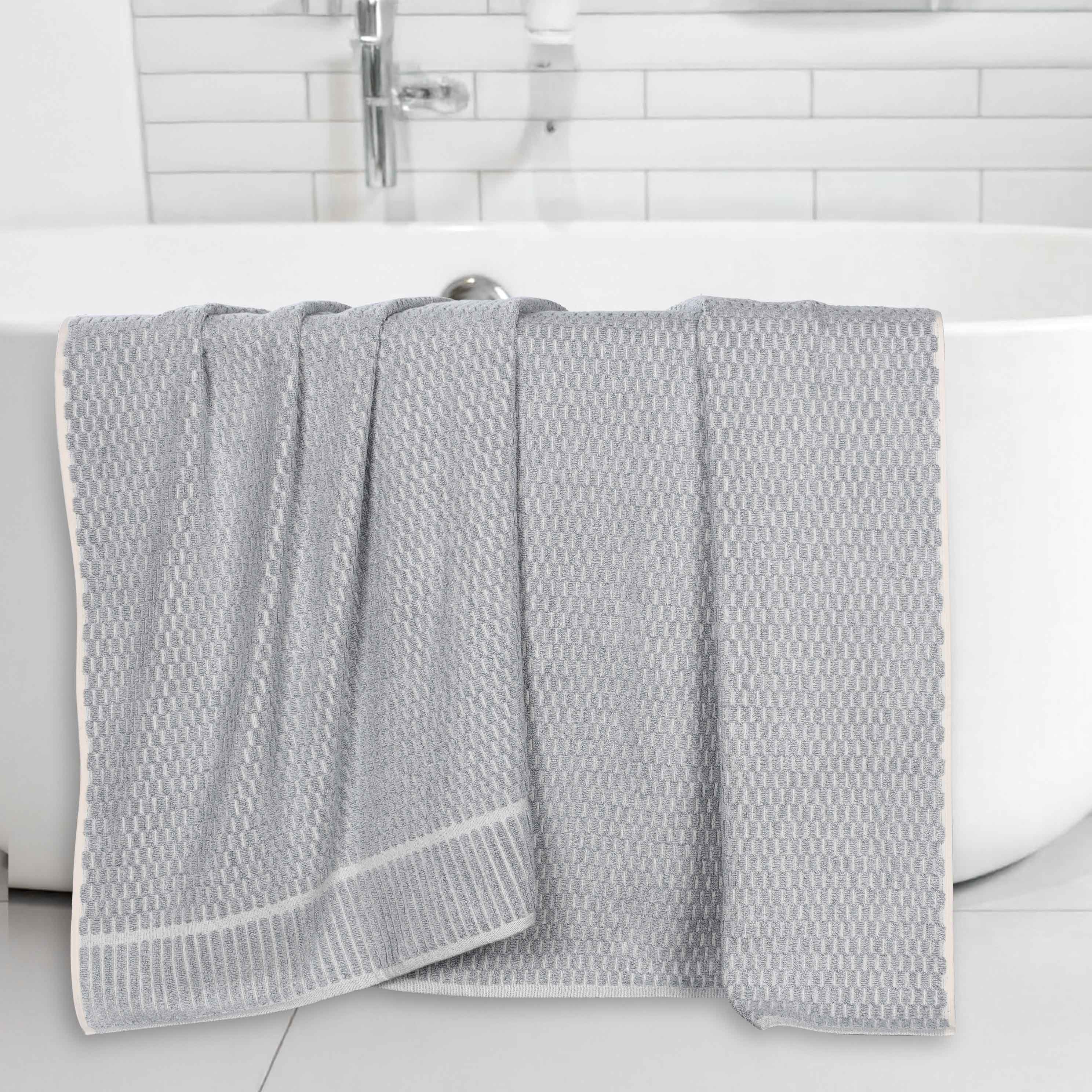 Premium Juno Cotton Blend Medium Weight Checkered Border Bath Towels - Ultra Absorbent & Soft, Set of 2 (Grey/White) | Luxury Bath Sheets for Spa, Hotel & Home Use