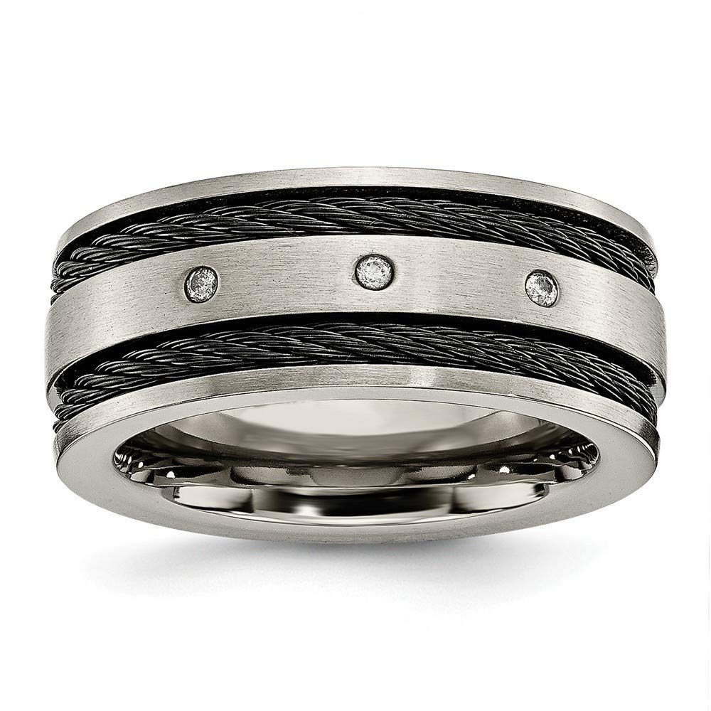 10mm Titanium Brushed Black Engravable Cable & Diamond Band Ring - Size 11 Jewelry Gift for Women | Wedding, Anniversary, Birthday & Everyday Wear