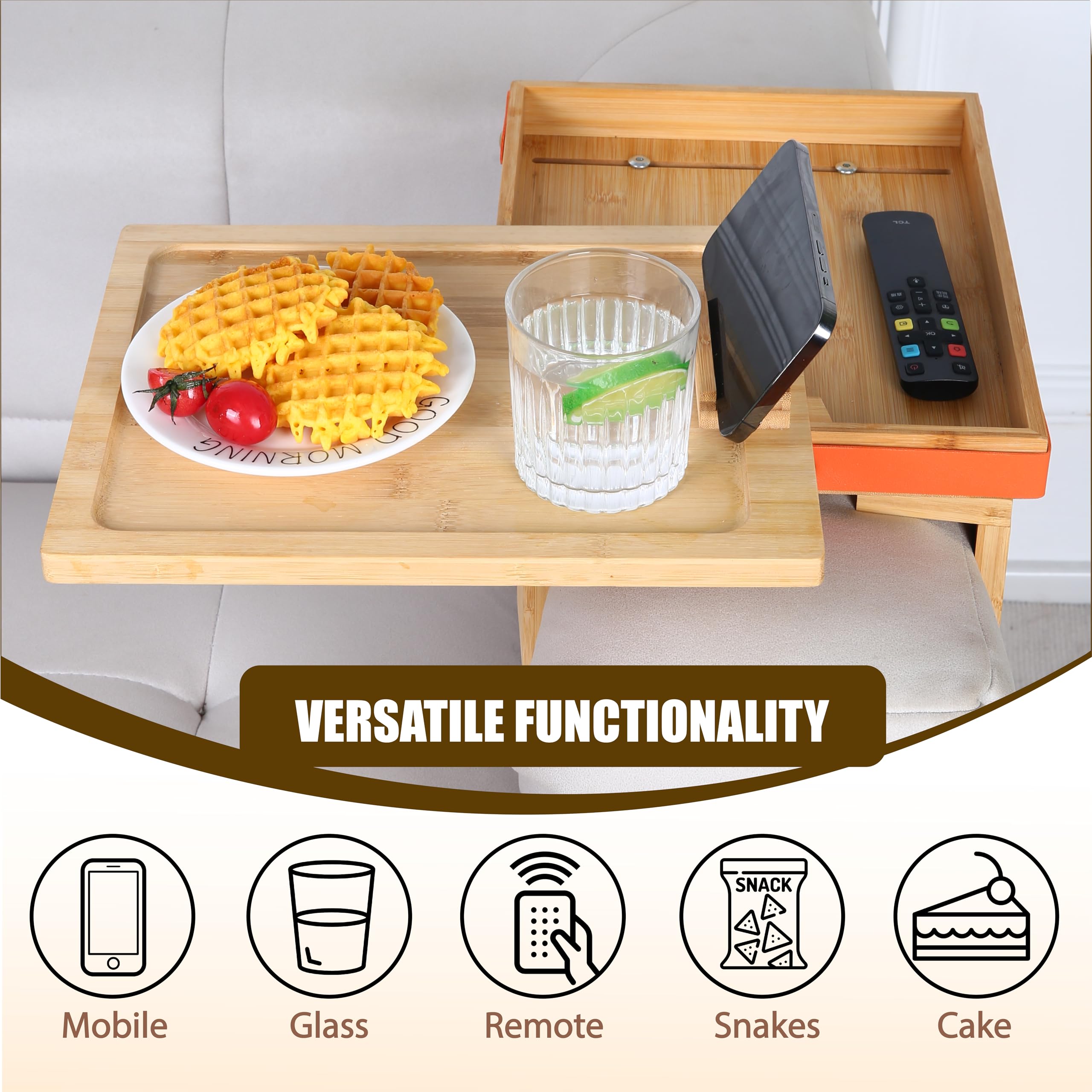 Premium Bamboo Couch Arm Table Tray with 360° Phone Holder - Non-Slip Clip-On Sofa Tray for Remote, Snacks & Drinks (4 Legs) - Perfect for Living Room, Bedroom & Home Theater Relaxation