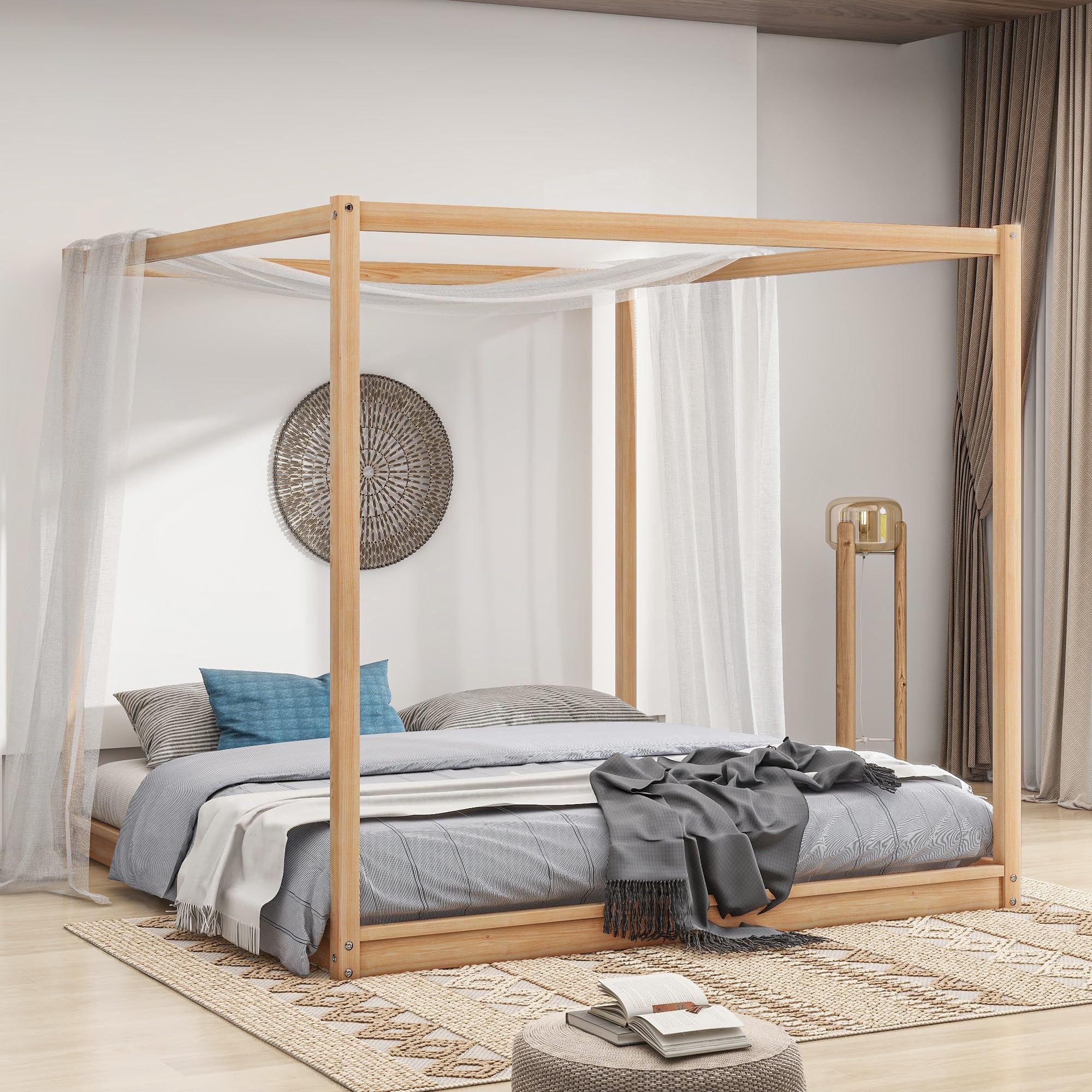 Merax Modern King Size Wood Canopy Bed Frame - No Box Spring Needed, Easy Assembly, Natural Finish | Sturdy Platform Bed for Master Bedroom, Guest Room & Luxury Home Decor