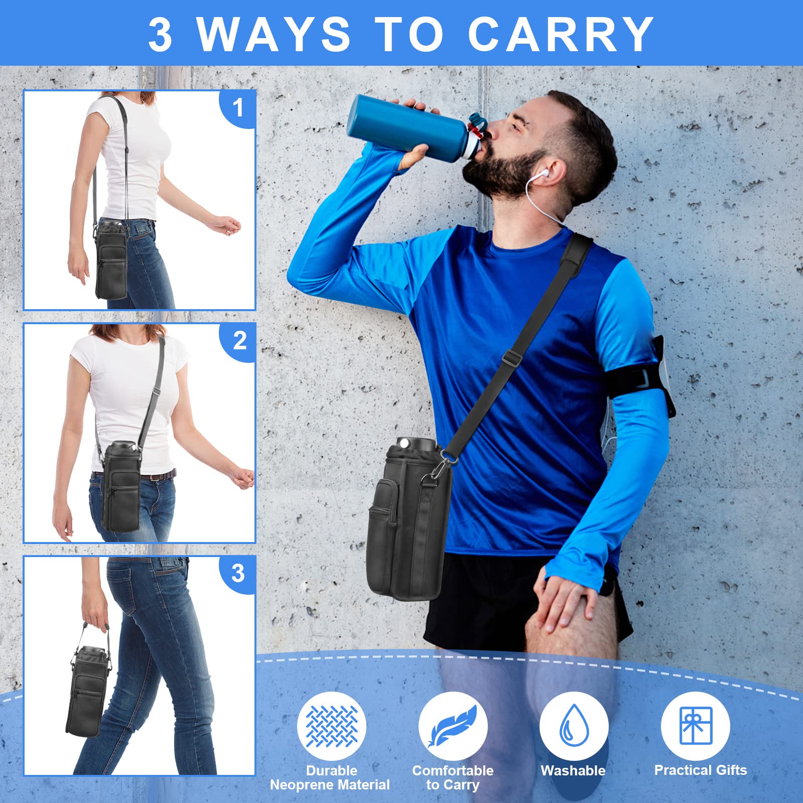 Bike Water Bottle Holder with Shoulder Strap & Pocket - Universal Cup Holder Sling for Mountain Bikes, Walking Strollers, Scooters & Sports Accessories - Durable Bottle Carrier Sleeve for Cycling, Hiking & Outdoor Activities