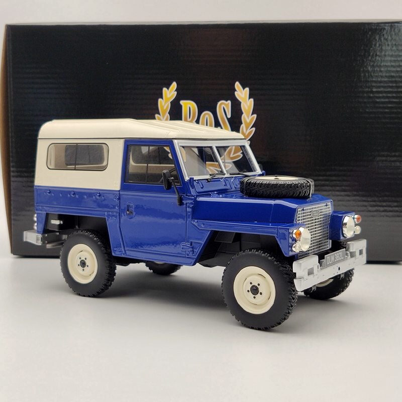 BOS 1/18 Scale Land Rover Series III 1973 Blue & White Resin Model Car - Collectible Diecast Vehicle for Adults, Gift for Car Enthusiasts - Perfect for Display, Home Decor, and Toy Car Collections