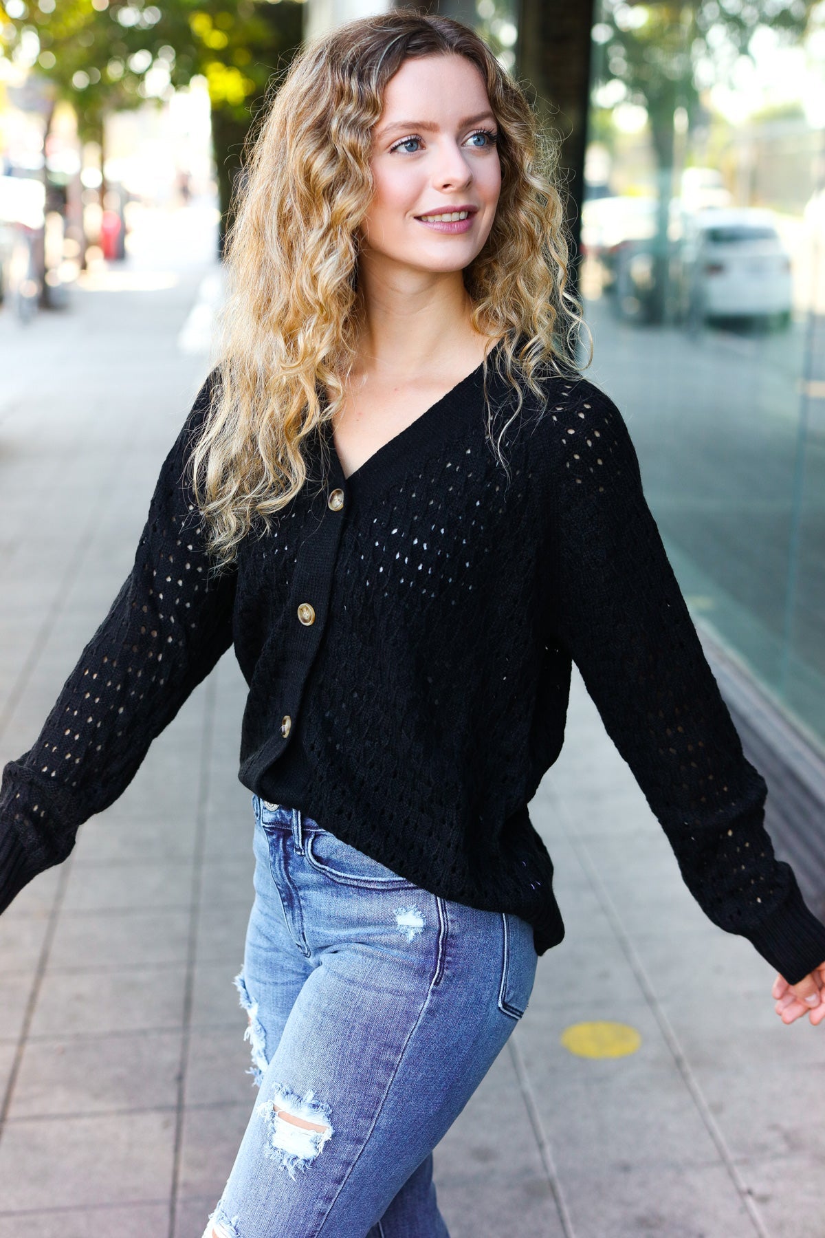 Stylish Black Pointelle Knit Button Down Cardigan for Women | Elegant Lace Knit Sweater | Perfect for Office, Date Night & Fall Layering