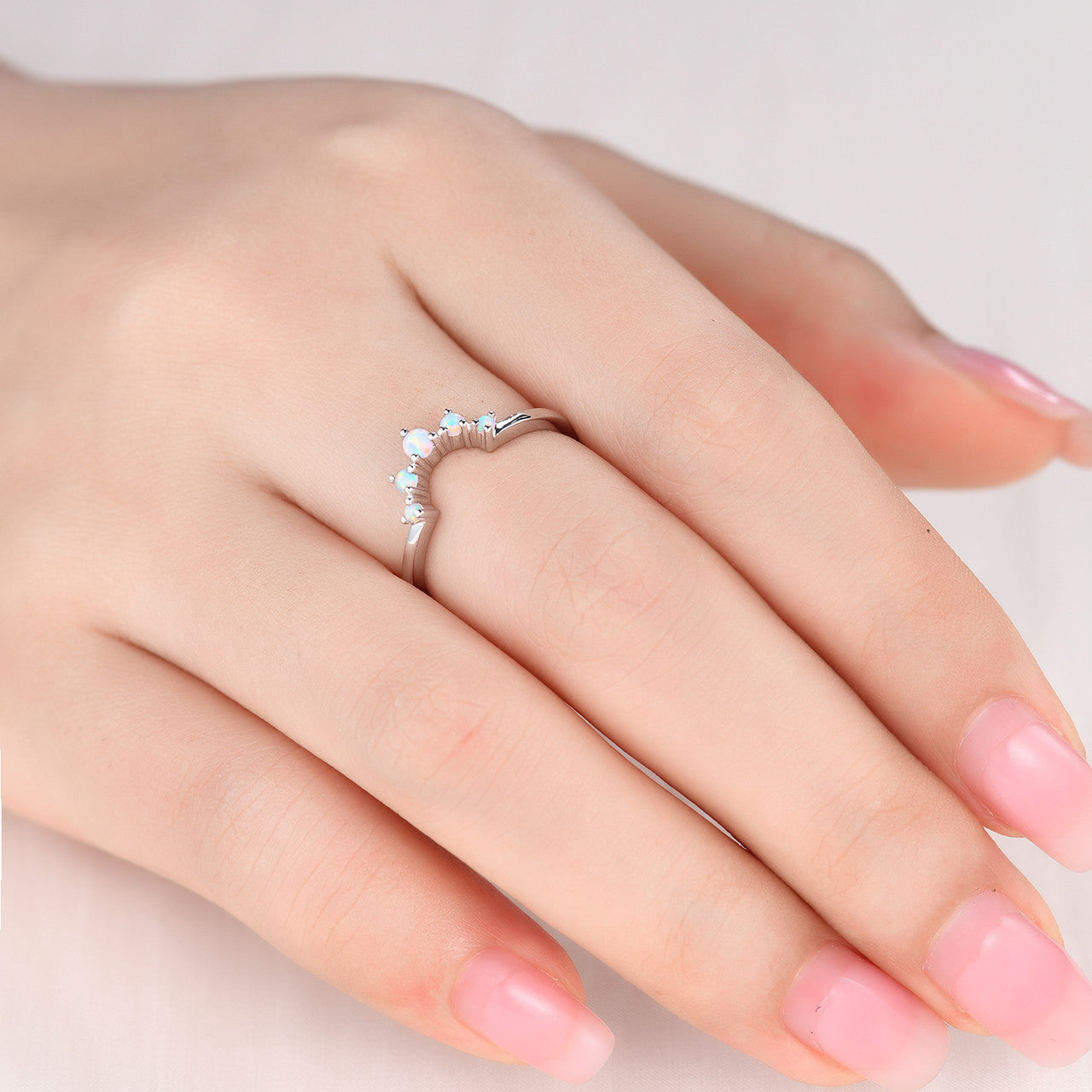 Art Deco 14K Rose Gold Opal Wedding Band - Stackable Curved Bridal Ring Set, Promise Ring for Women, Anniversary Gift for Her - Perfect for Engagement, Wedding, Stacking & Special Occasions