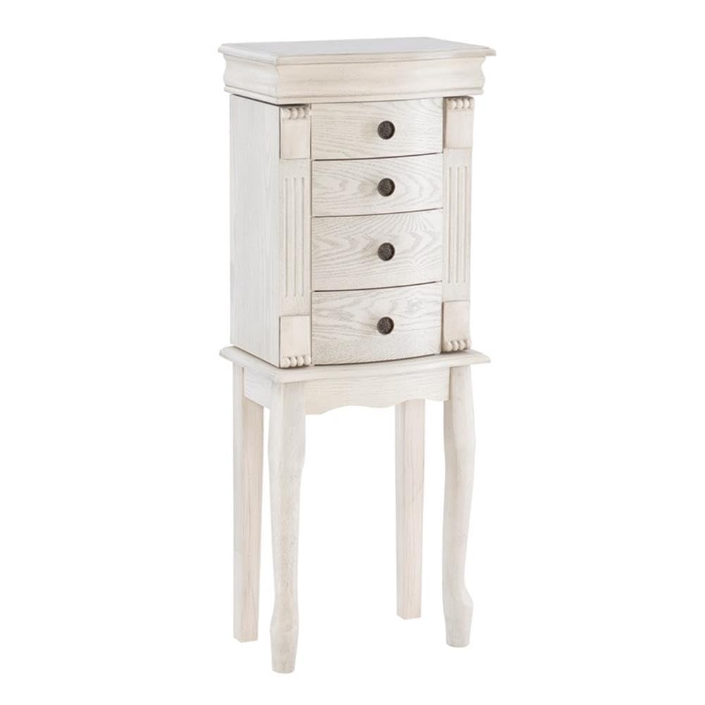 Pemberly Row 4 Drawers Transitional Wood Jewelry Armoire in Cream - Vintage Style Jewelry Organizer with Mirror for Bedroom, Closet & Dressing Room