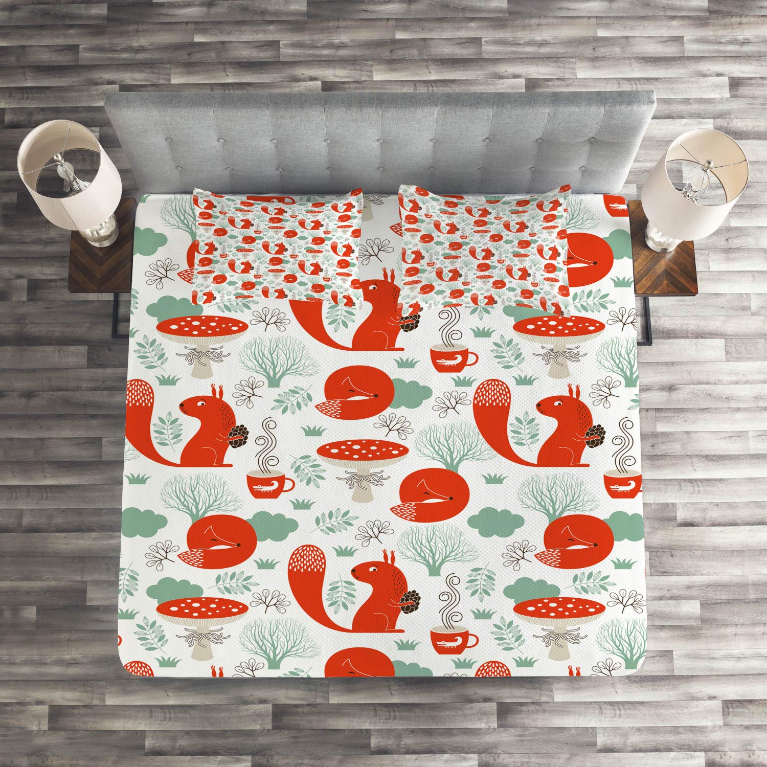 Ambesonne Bohemian Fox & Squirrel Tea Party 3-Piece Quilted Bedspread Set with Pillow Shams - Queen Size, Reseda Green & Dark Brown - Whimsical Animal Print Bedding for Cozy Bedroom Decor