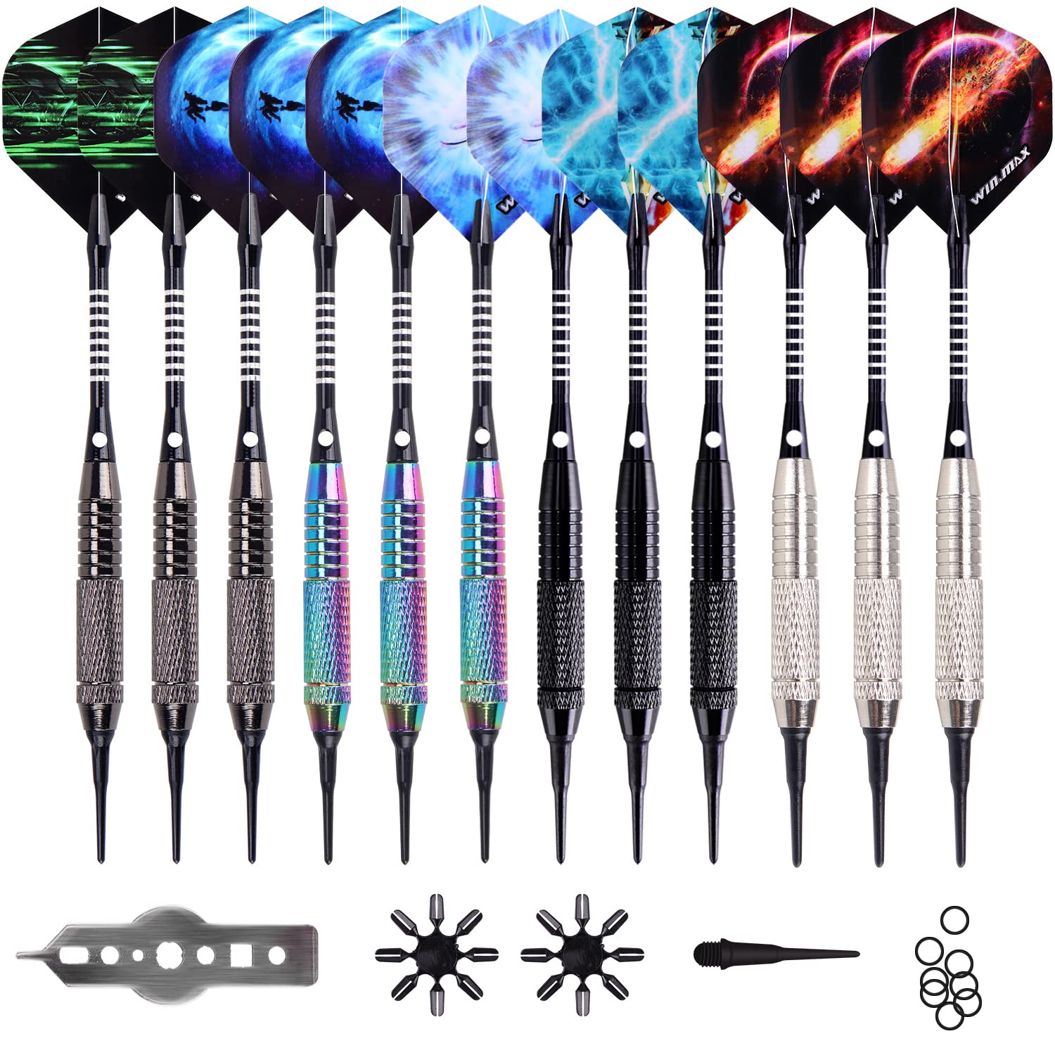 WIN.MAX Soft Tip Darts Set - 18g Plastic Tip Darts (12 Pack) with 100 Extra Tips, 12 Flights, Flight Protectors & Wrench for Electronic Dart Boards - Perfect for Home Bars, Game Rooms & Professional Tournaments