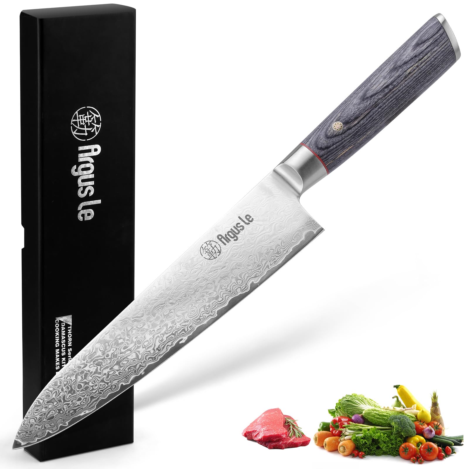 Premium 8 Inch Damascus Chef Knife - Japanese VG-10 Stainless Steel Kitchen Knife with Razor Sharp Edge - Perfect for Slicing Meat, Chopping Vegetables - Ideal for Home Cooking & Professional Restaurants - Includes Grey Handle & Elegant Gift Box - Great for Wedding Gifts & Culinary Enthusiasts