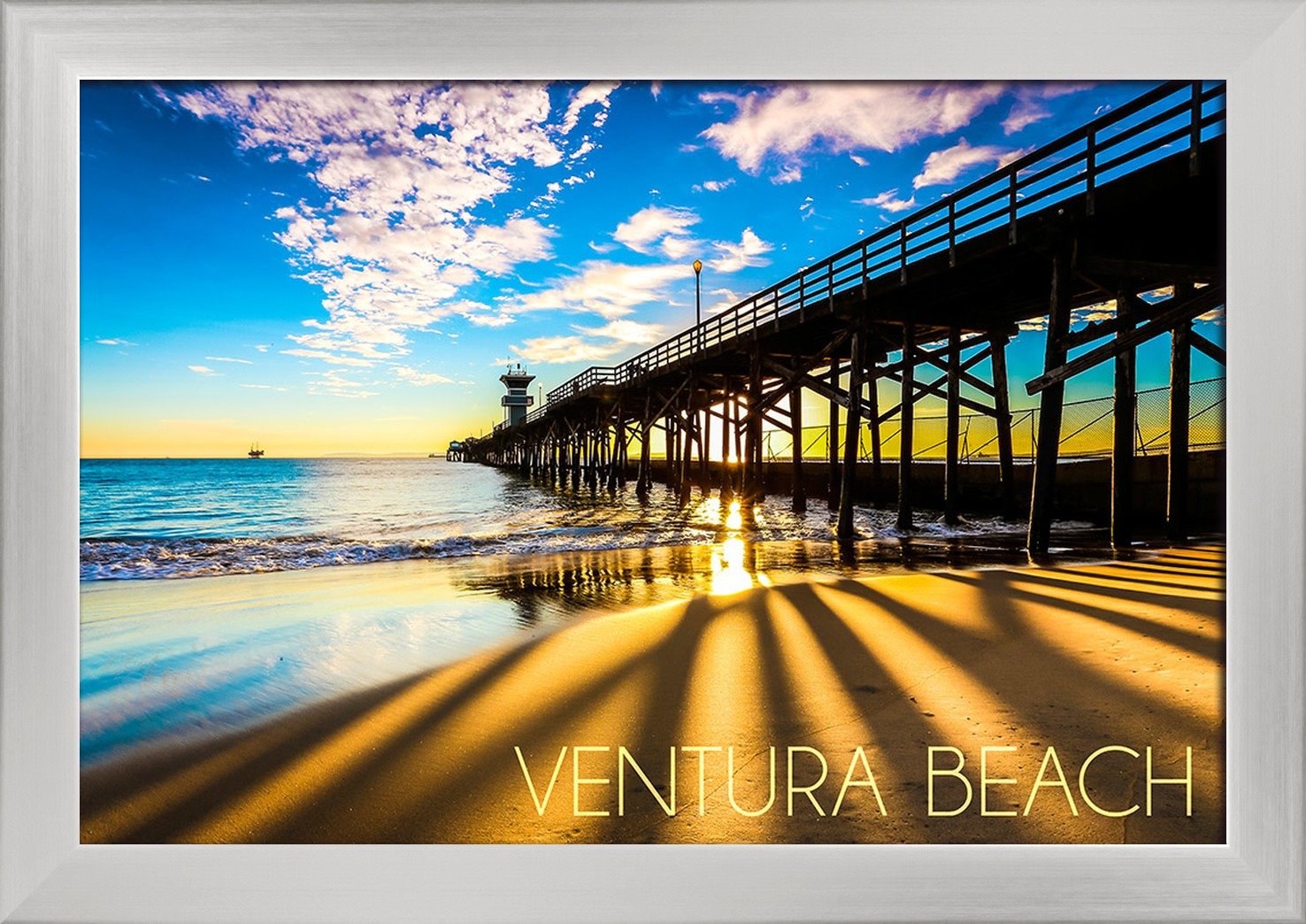Ventura Beach California Sunset Seal Beach Pier Art Print - 12x18 Giclee Fine Art on Recycled Wood Frame in Silver - Perfect for Coastal Home Decor, Office Wall Art & Gift Ideas