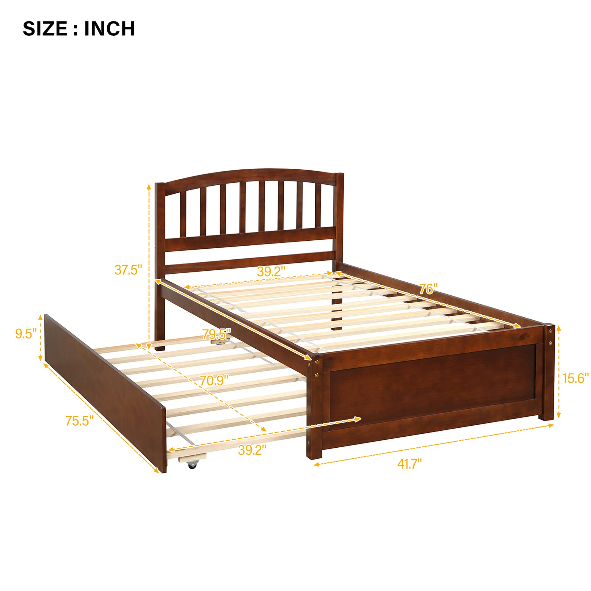 Harper & Bright Designs Twin Size Wooden Platform Bed with Trundle & Headboard - Sturdy Kids Bed Frame in Walnut Finish for Small Spaces, Guest Rooms & Children's Bedrooms