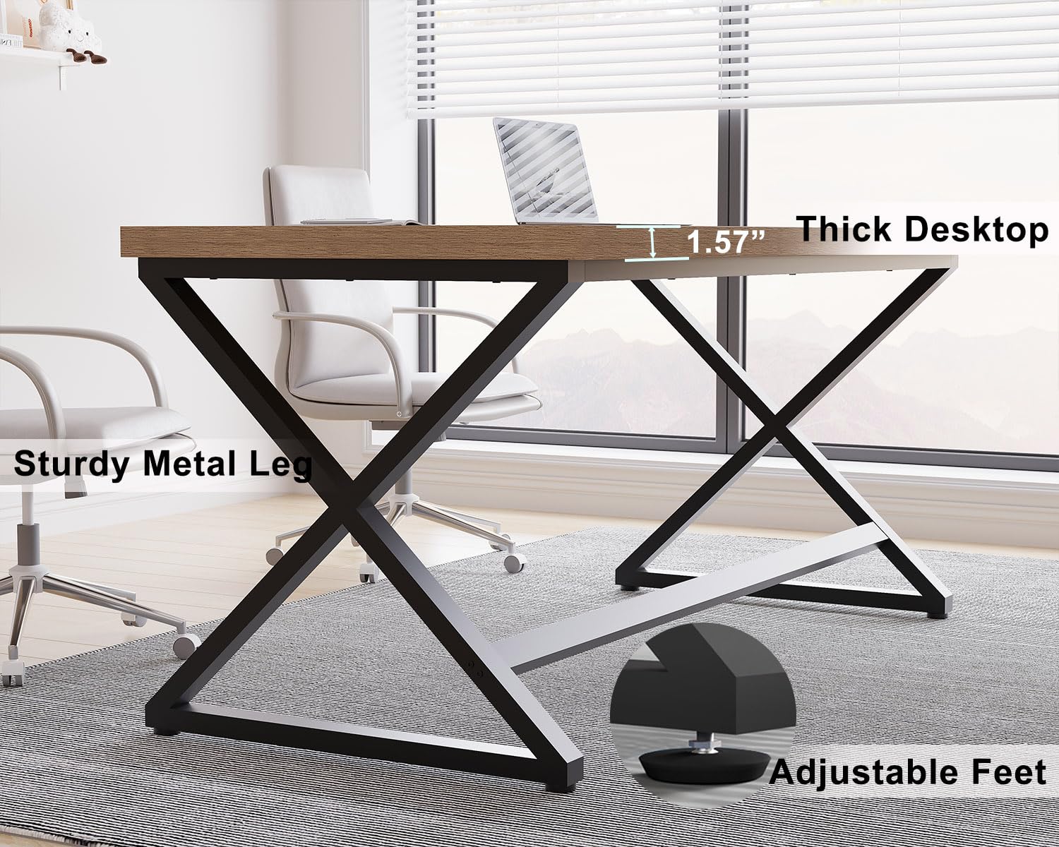 IBF Rustic Computer Desk - Modern Metal Farmhouse Home Office Desk, Minimalist Wood Laptop Executive Workstation, 55 Inch Rustic Oak Gaming Table for Bedroom, Study, or Small Space Office