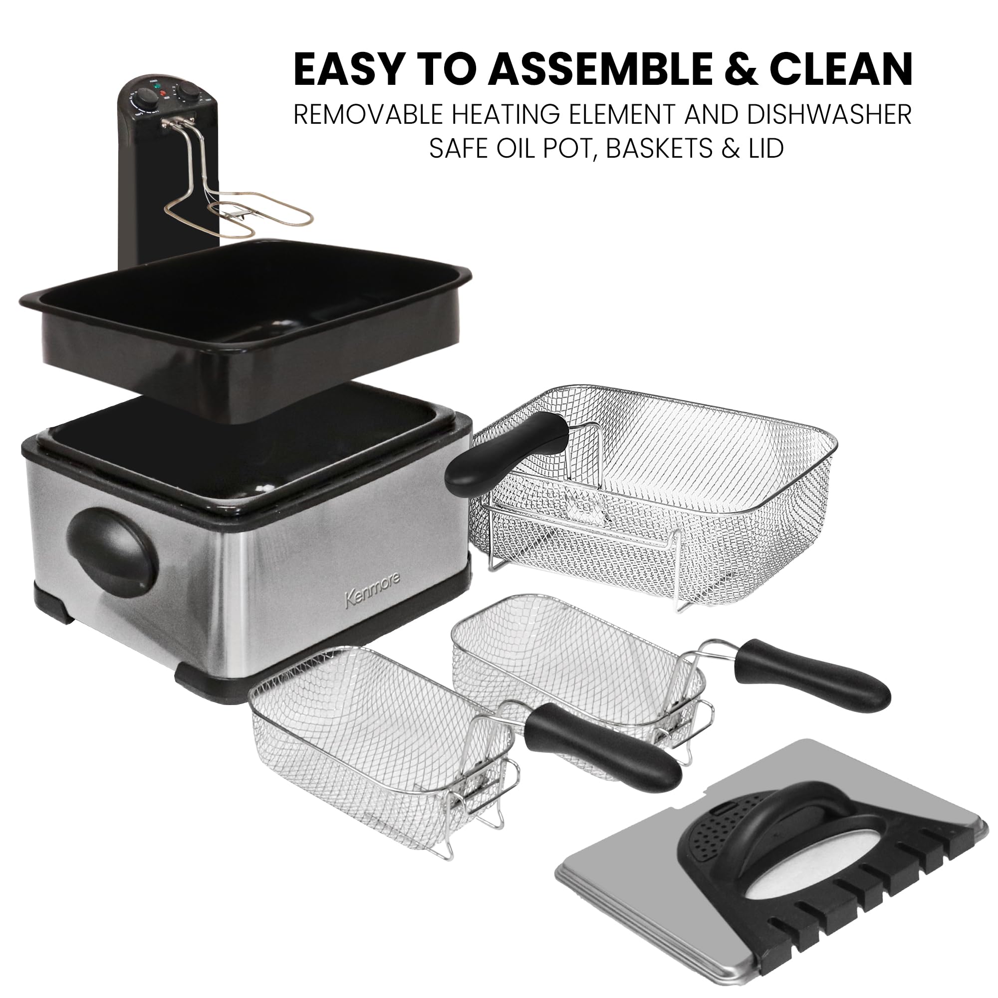 Kenmore Electric Deep Fryer with Grease & Odor Filtration - 4L Stainless Steel Deep Fryer with 3 Baskets, Easy Temperature Control for French Fries, Chicken Wings & More - Perfect for Home Kitchen, Parties & Restaurants